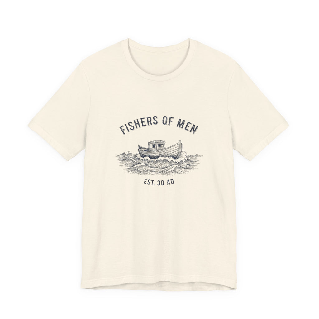 Beige t-shirt with 'Fishers of Men' graphic design on a white background