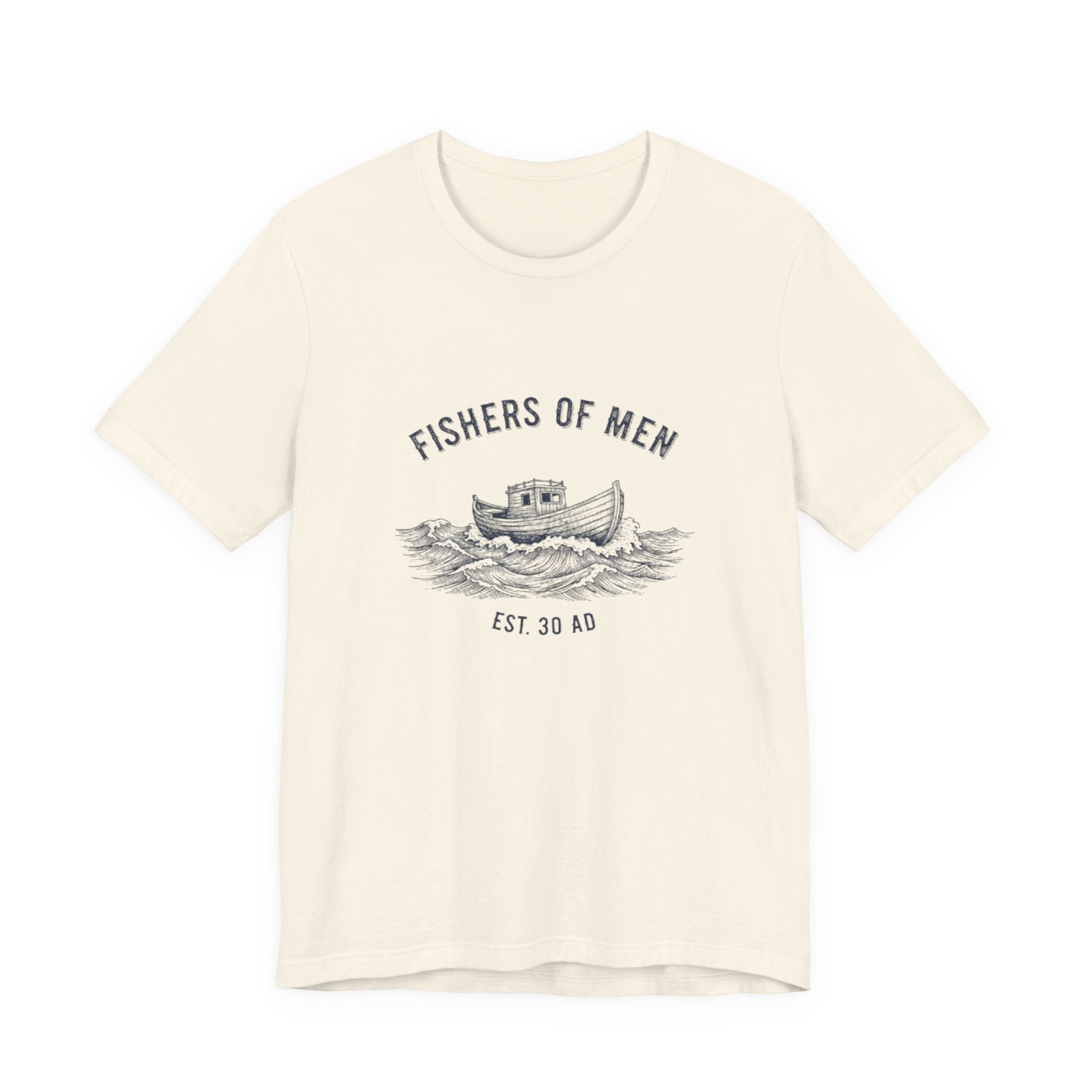 Beige t-shirt with 'Fishers of Men' graphic design on a white background