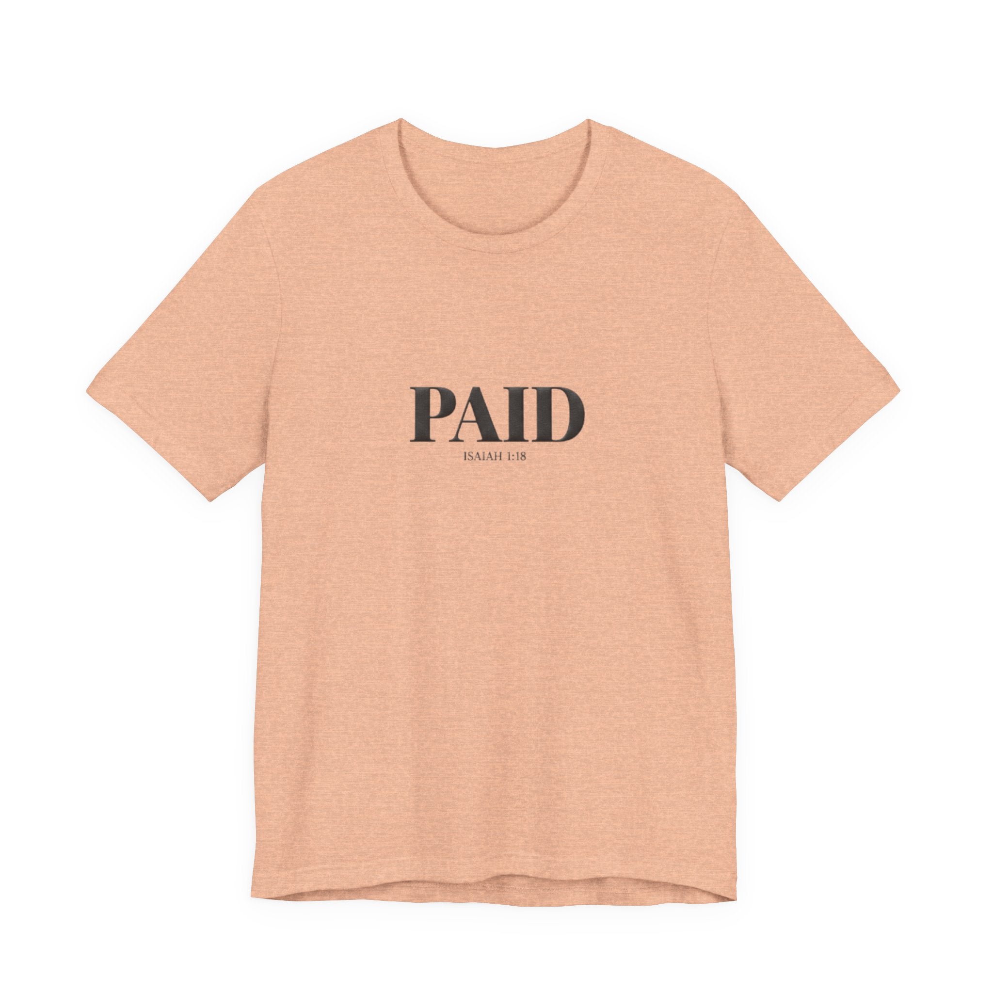 Beige t-shirt with 'PAID' text on a white background
