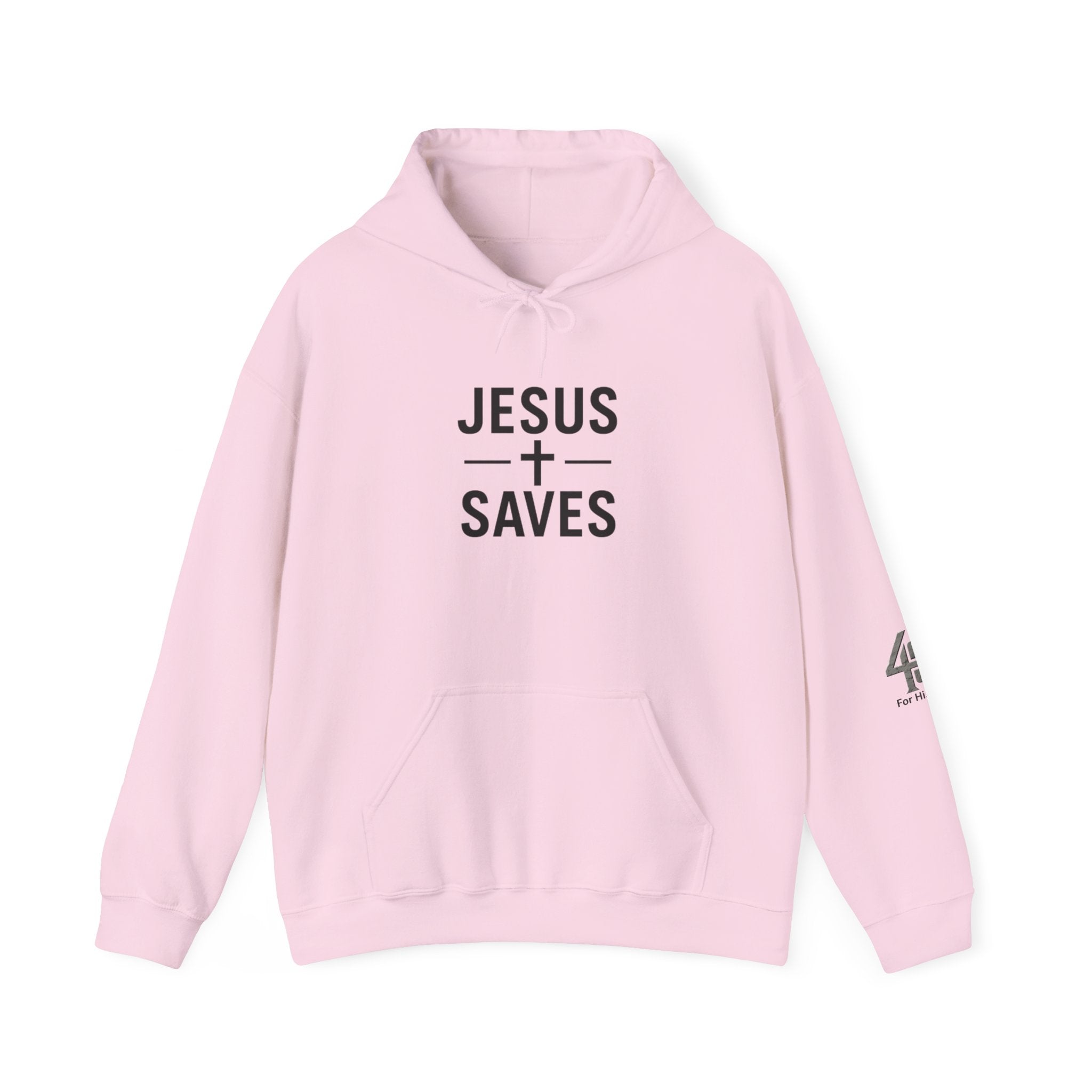 Pink hoodie with 'Jesus Saves' text on a white background