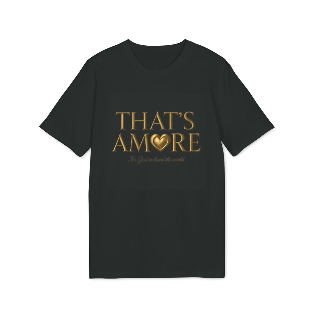 Black t-shirt with gold text 'THAT'S AMORE' on a white background