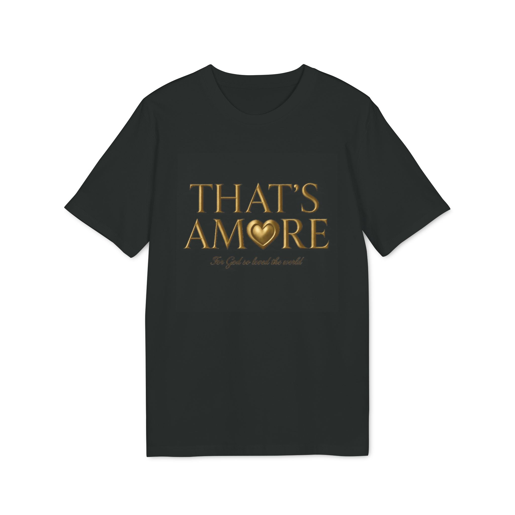 Black t-shirt with gold text 'THAT'S AMORE' on a white background