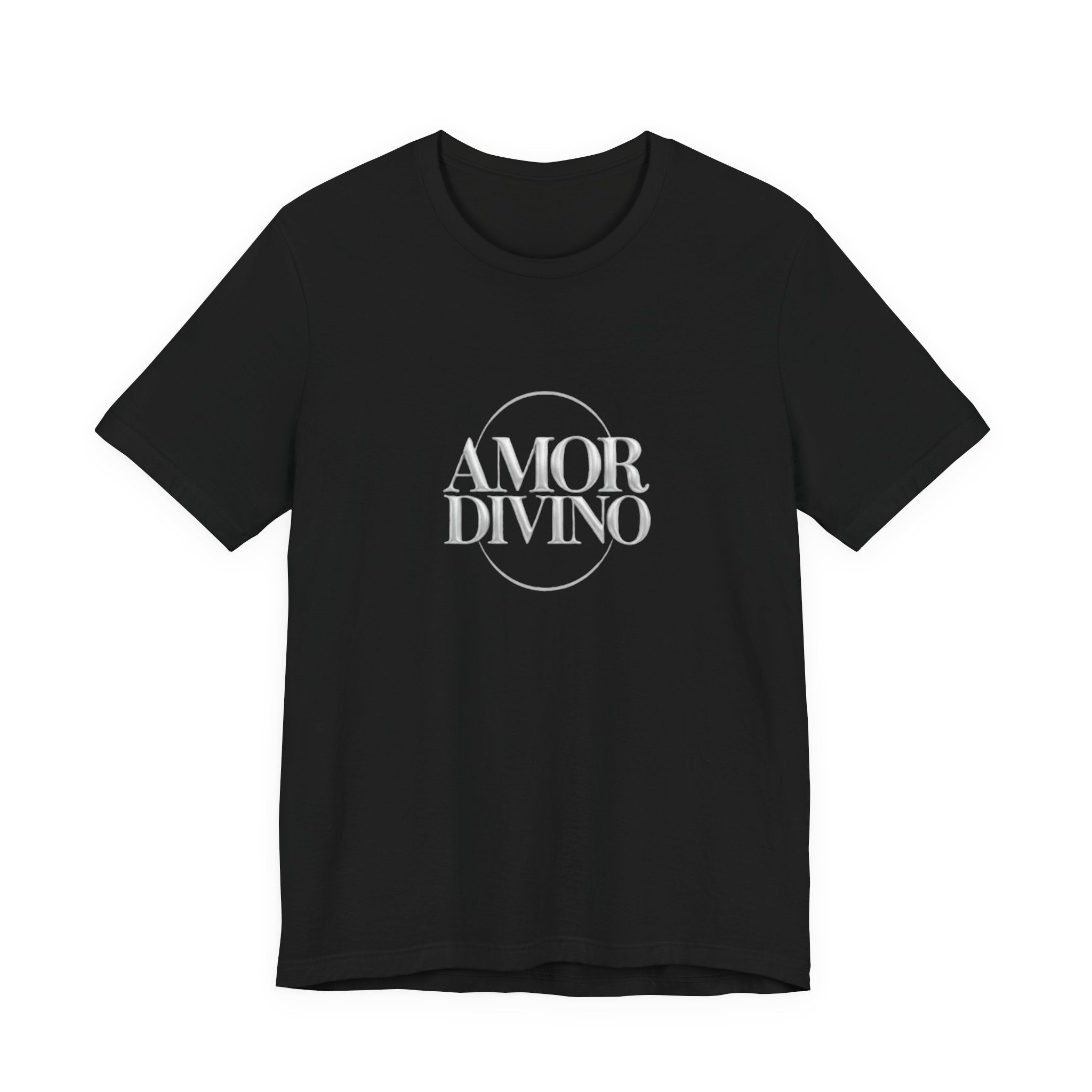 Black t-shirt with 'AMOR DIVINO' text on a white background