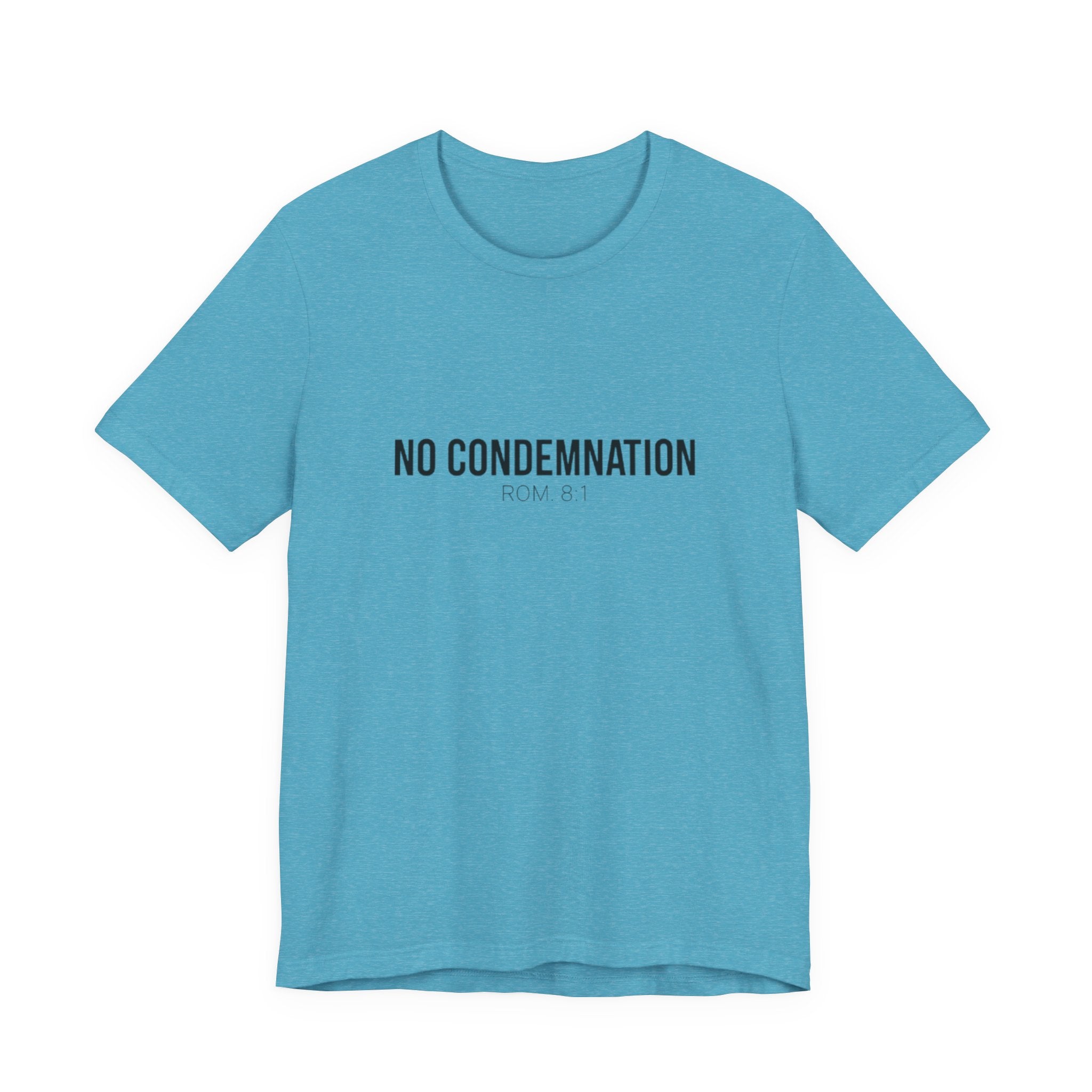 Blue t-shirt with 'NO CONDEMNATION' text on a white background