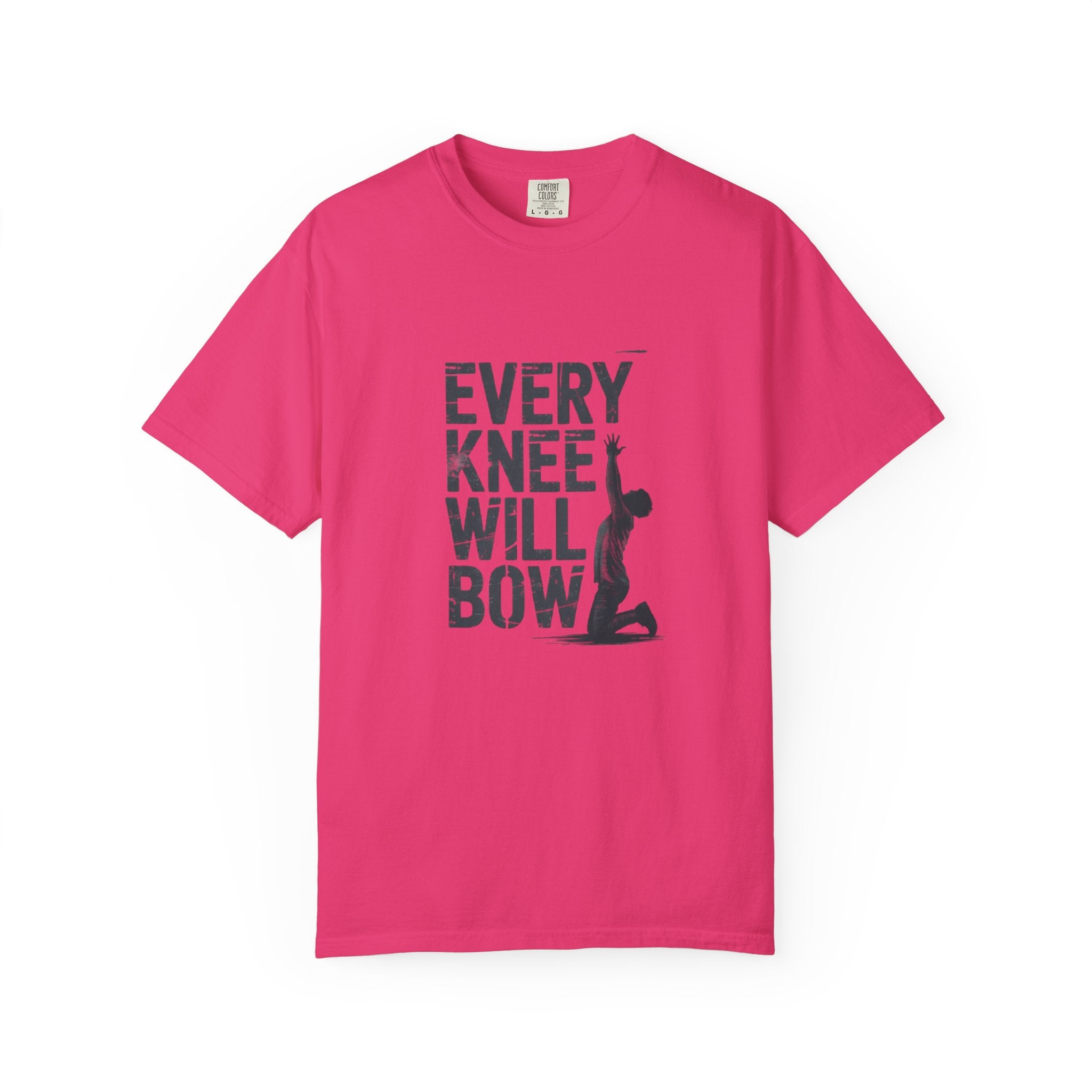 Pink t-shirt with black text and graphic on a white background
