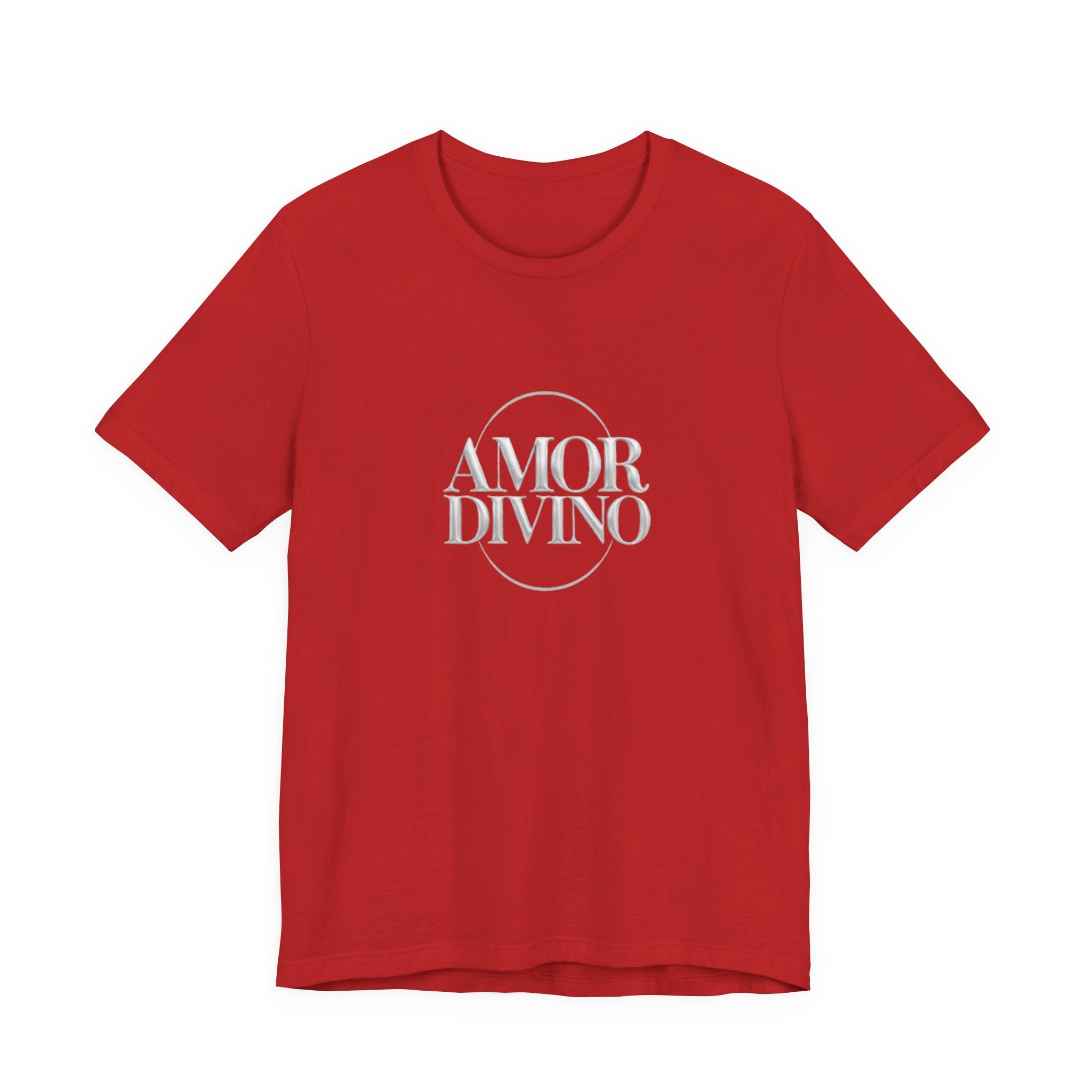 Red t-shirt with 'AMOR DIVINO' text on a white background