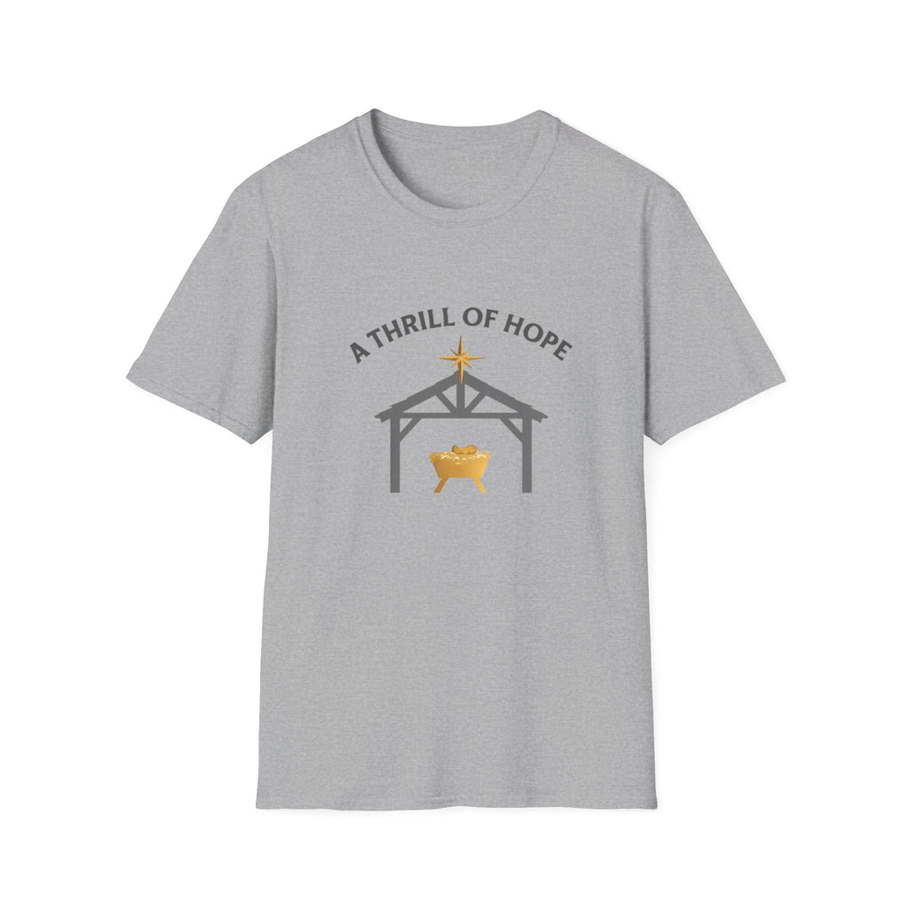 Gray t-shirt with nativity scene graphic and 'A Thrill of Hope' text on a white background