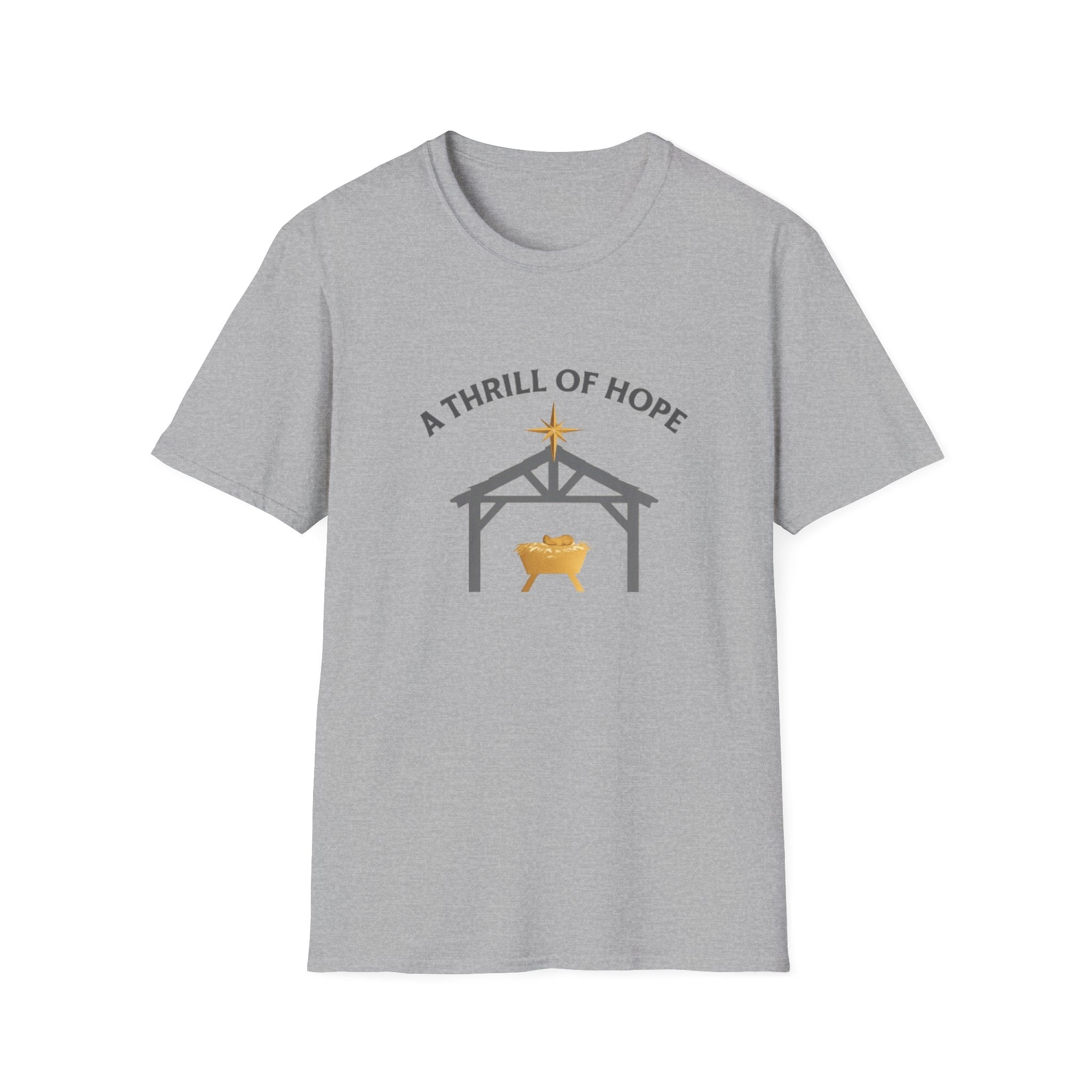 Gray t-shirt with nativity scene graphic and 'A Thrill of Hope' text on a white background