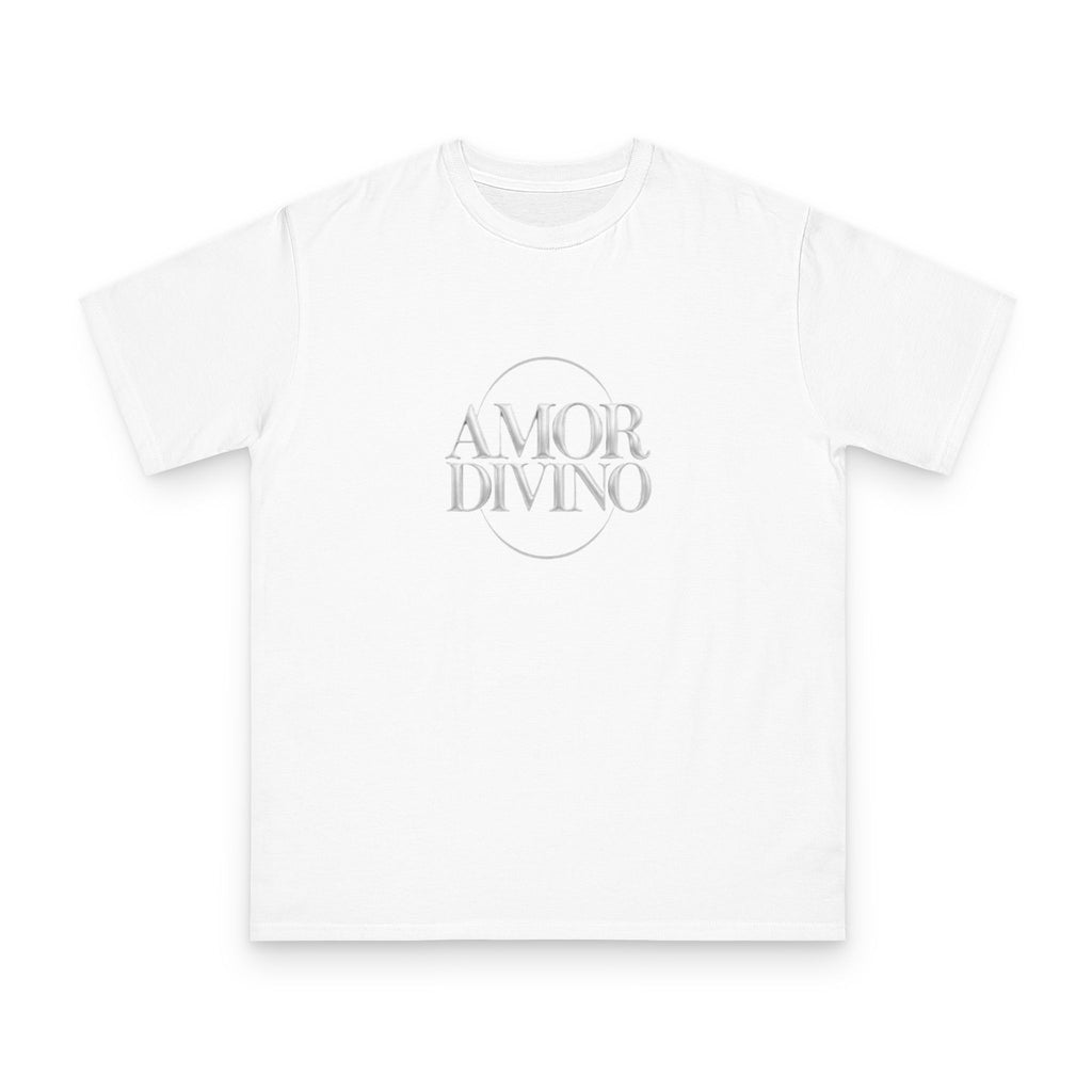 White t-shirt with 'AMOR DIVINO' text on a white background