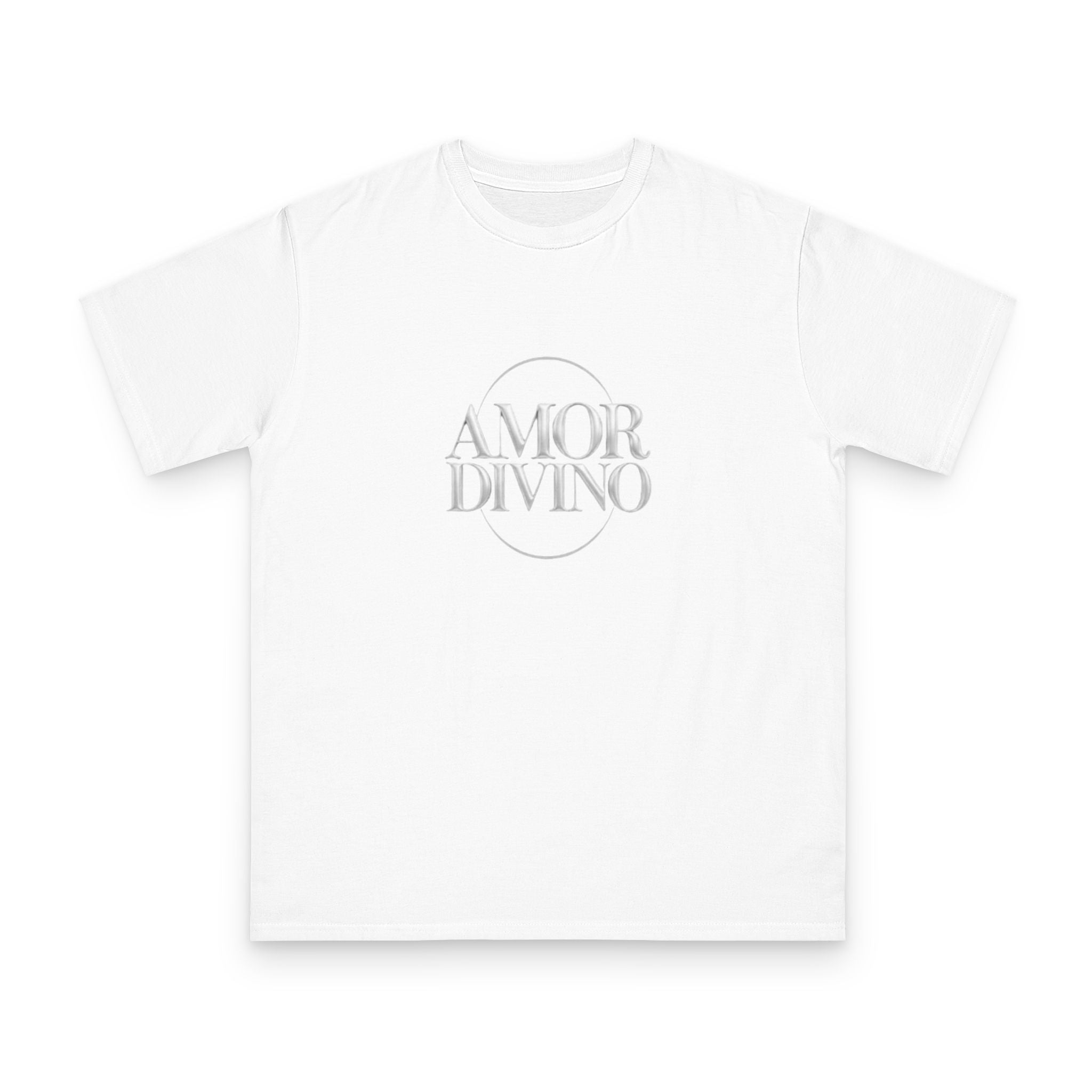 White t-shirt with 'AMOR DIVINO' text on a white background