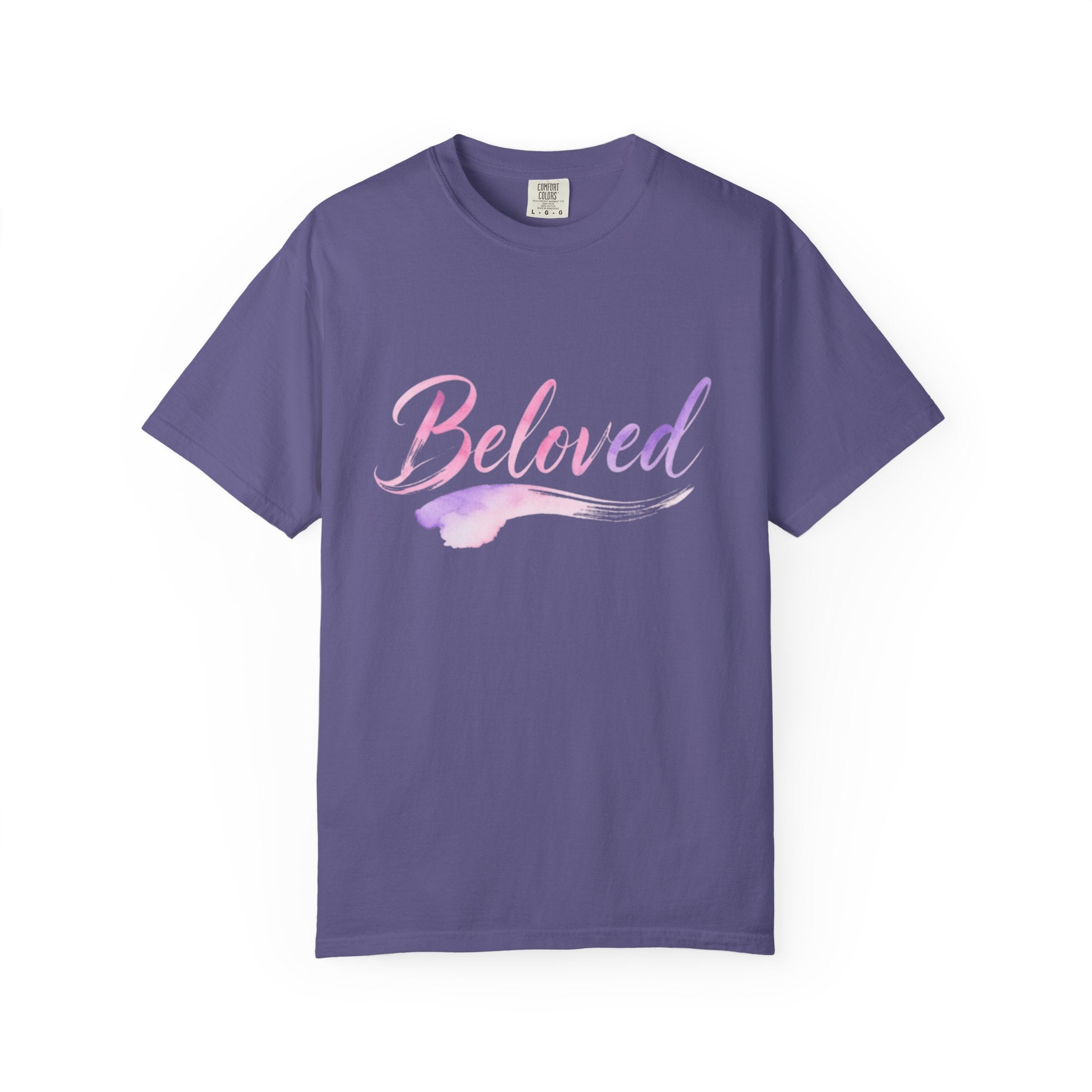 Purple t-shirt with 'Beloved' text on a white background