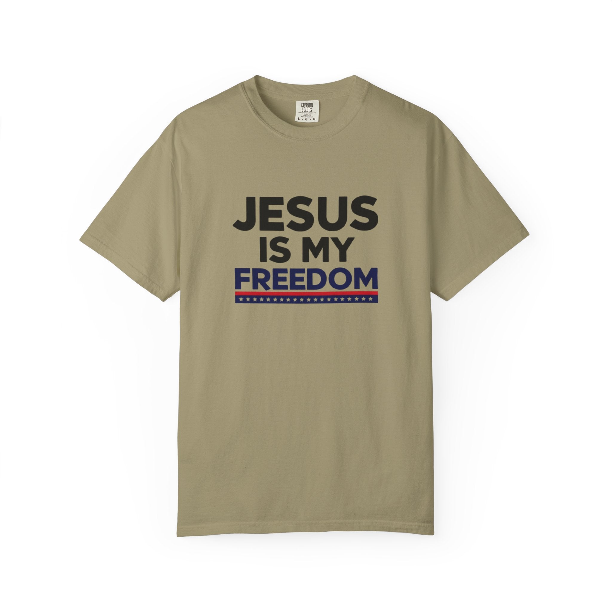 Beige t-shirt with 'Jesus is my freedom' text on a white background