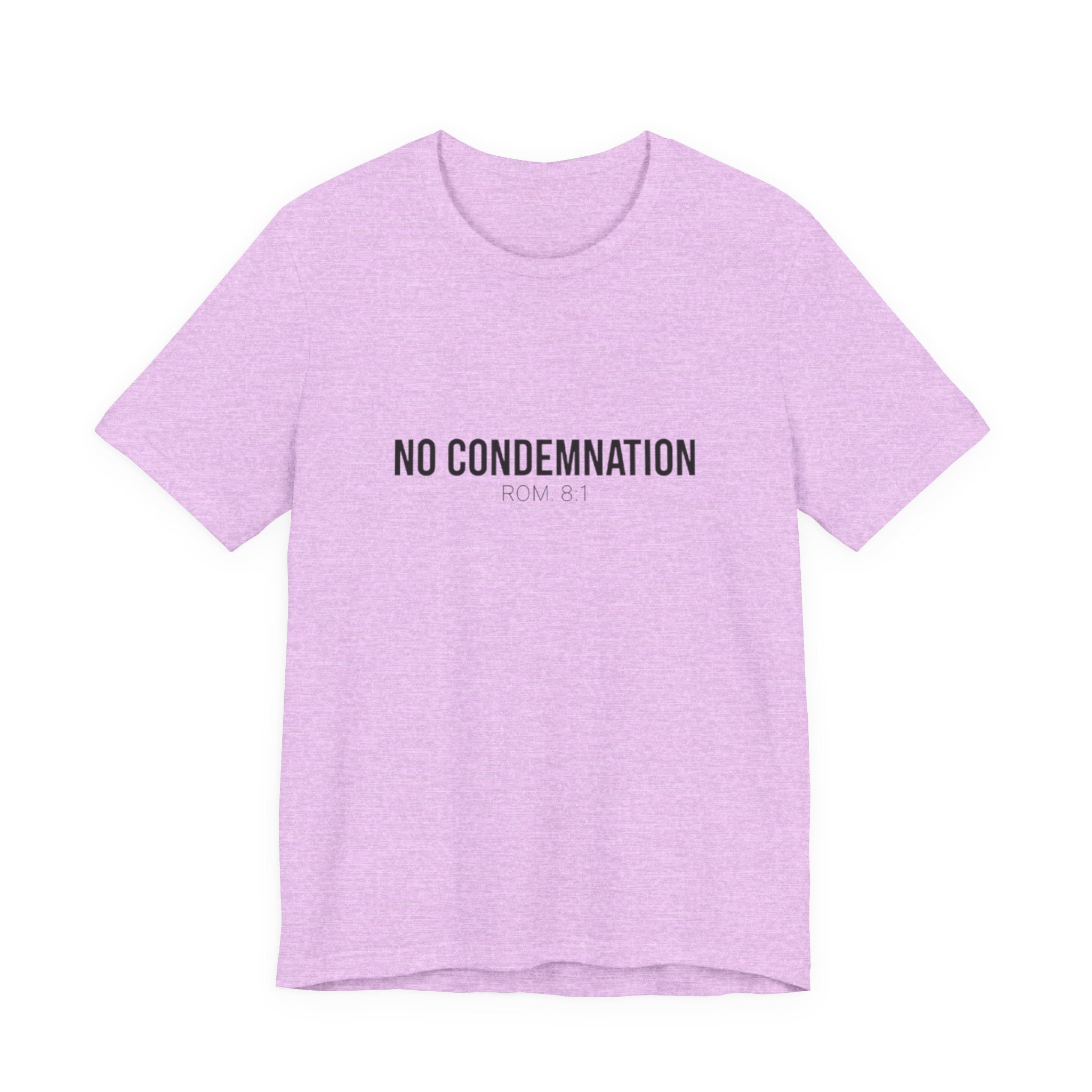 Purple t-shirt with 'NO CONDEMNATION ROM 8:1' text on a white background