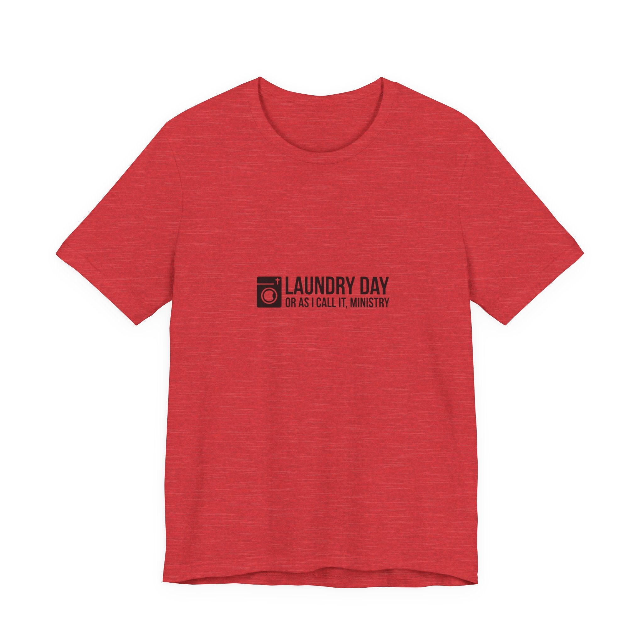Red t-shirt with black text on a white background