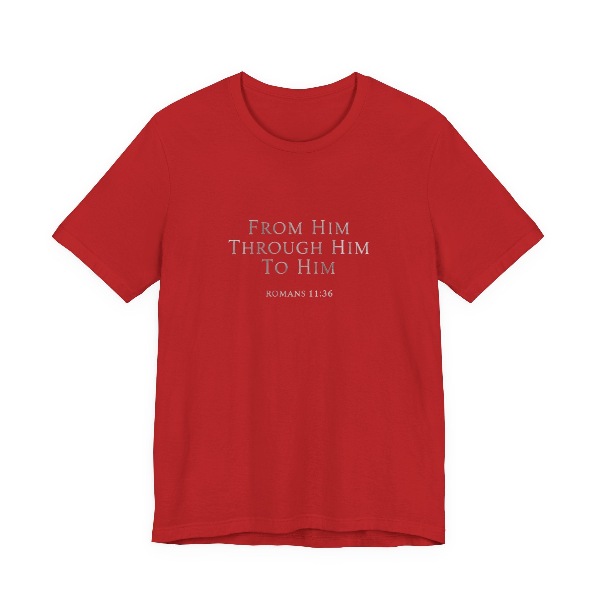 Red t-shirt with white text on a white background