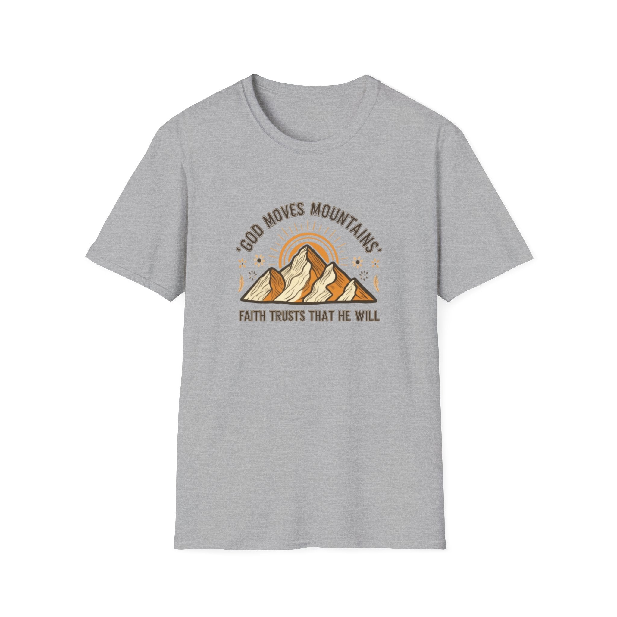 Gray t-shirt with mountain graphic and text on a white background