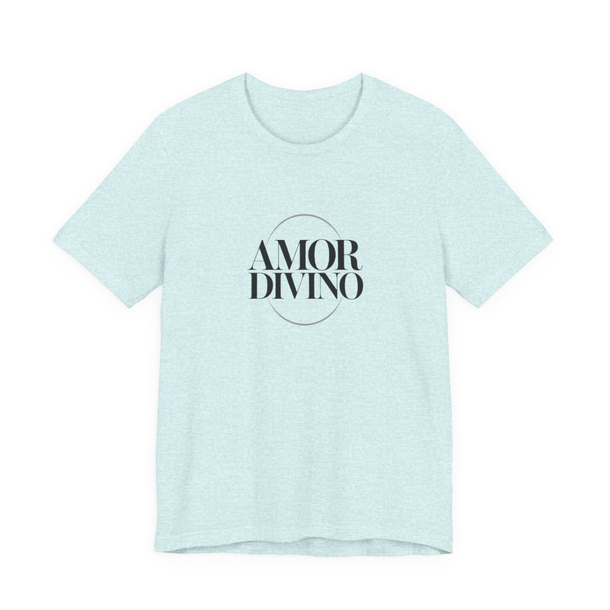 Light blue t-shirt with 'AMOR DIVINO' text on a white background