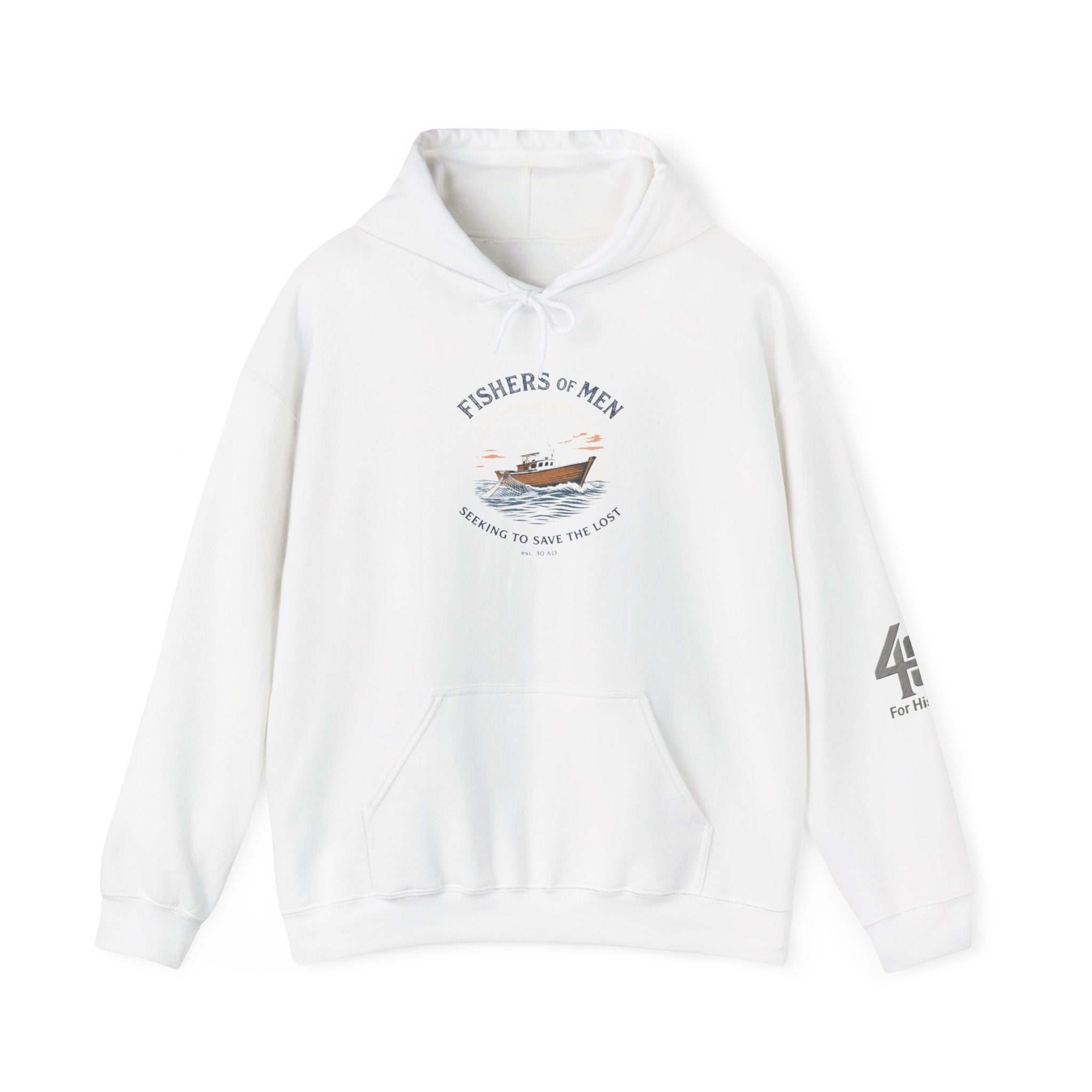 White hoodie with graphic design on a white background