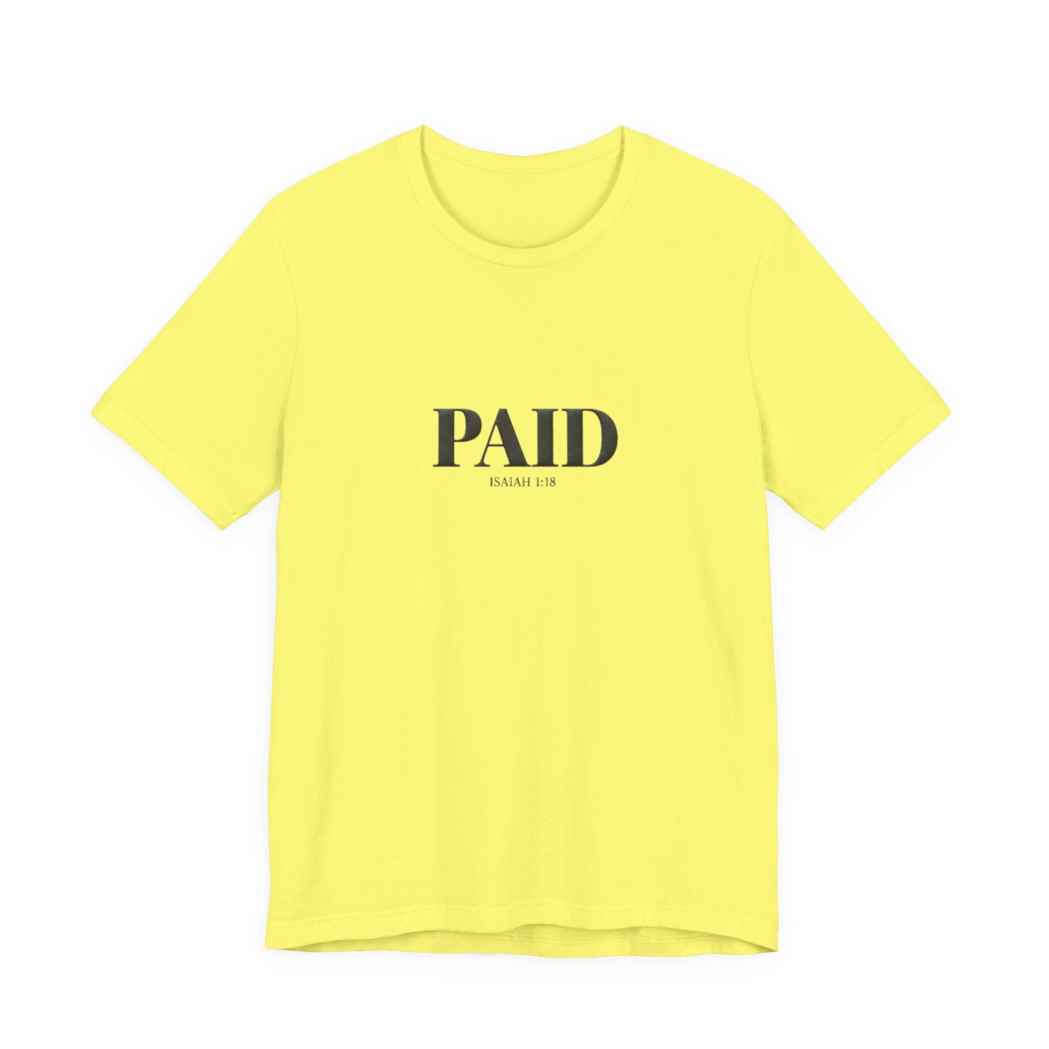 Yellow t-shirt with 'PAID' text on a white background