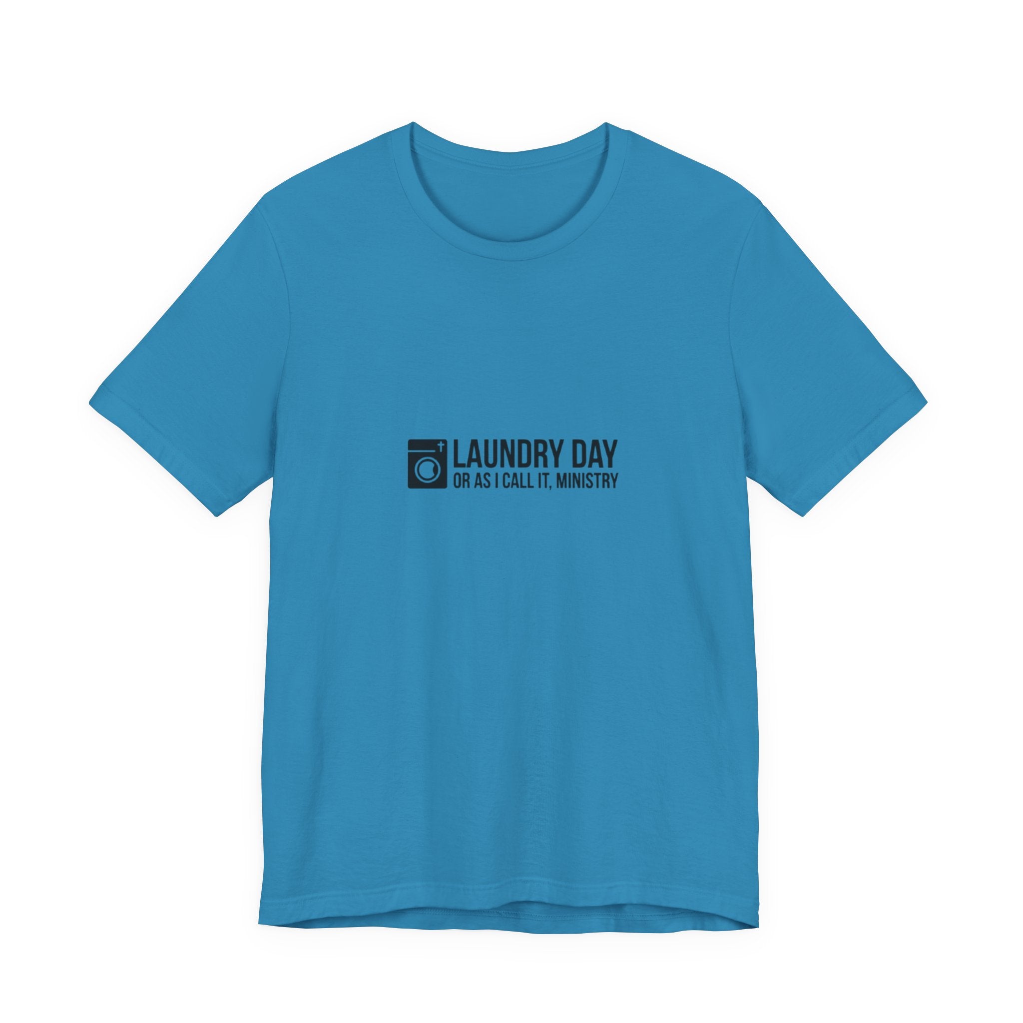 Blue t-shirt with black text and logo on a white background