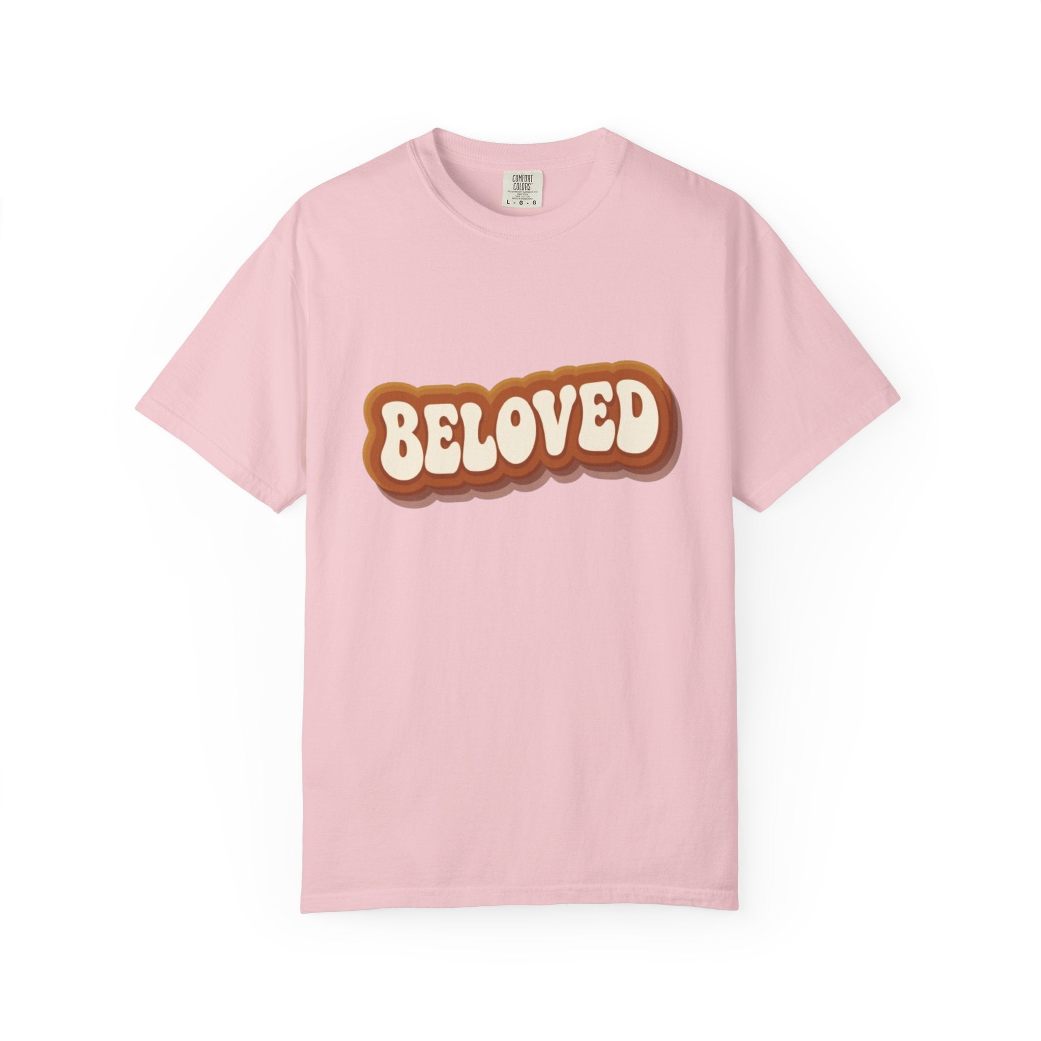 Pink t-shirt with 'BELoved' text on a white background