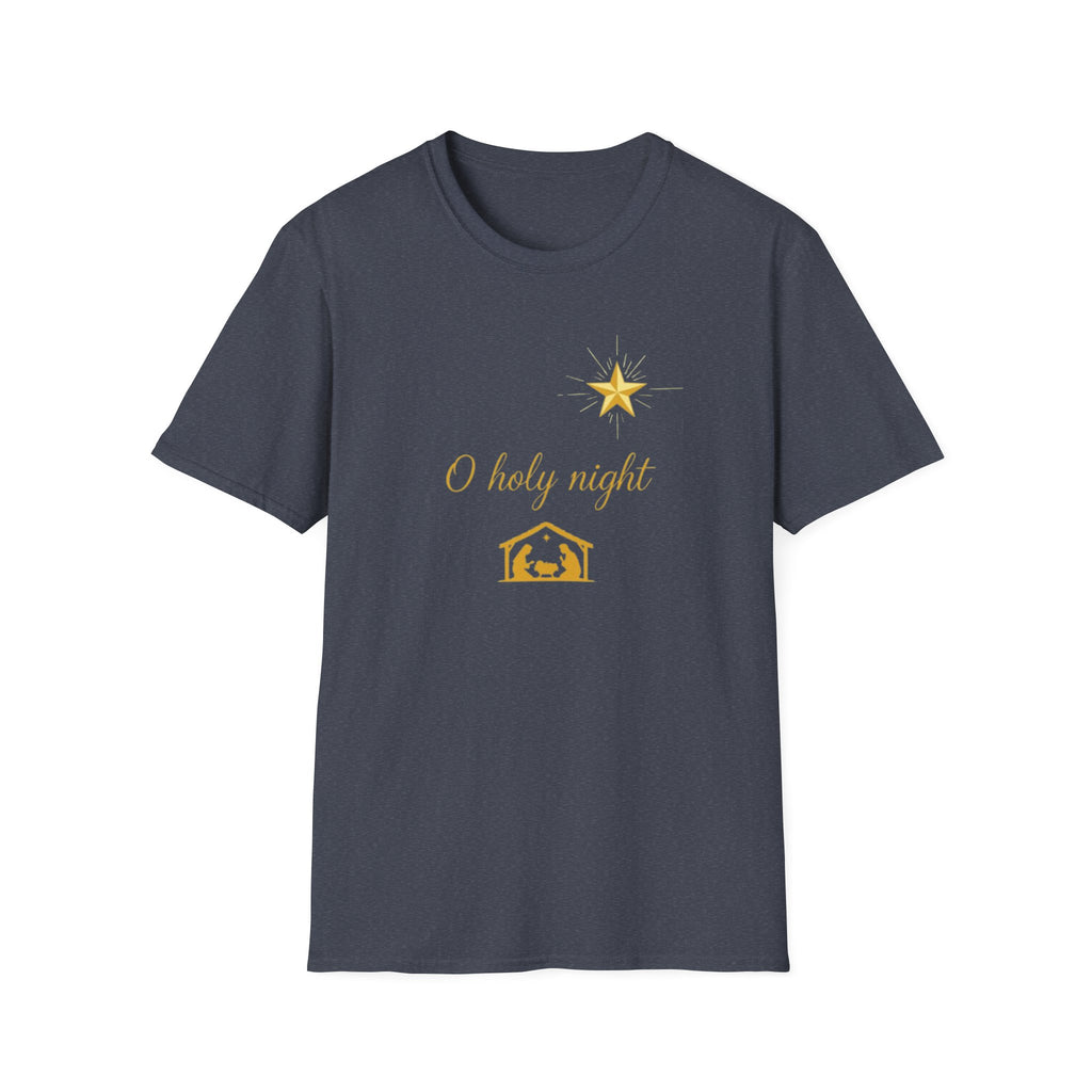 Dark gray t-shirt with 'O holy night' and nativity scene design on a white background