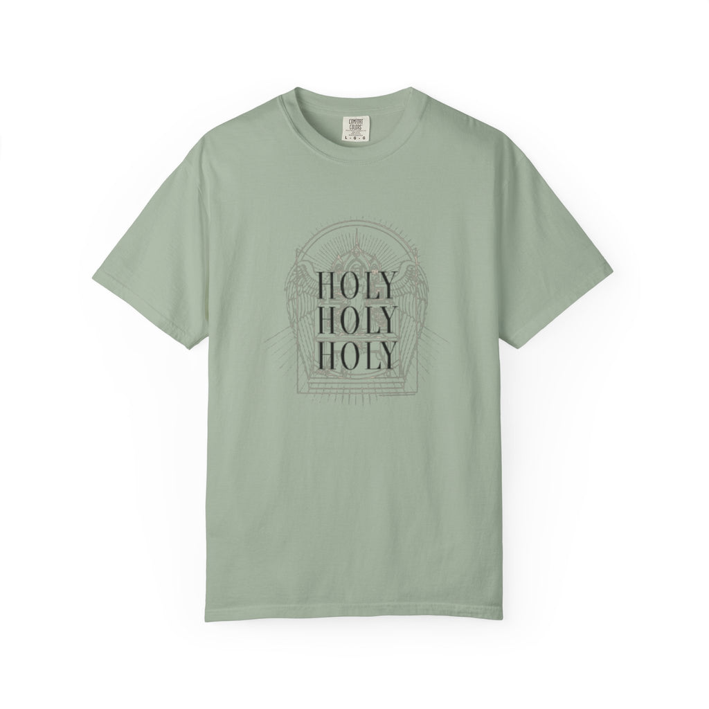 Holy Holy Holy Gothic Stained-Glass Faith Tee in Bay — front view showing Isaiah 6:3 gothic stained-glass design, Christian tee by 4HG