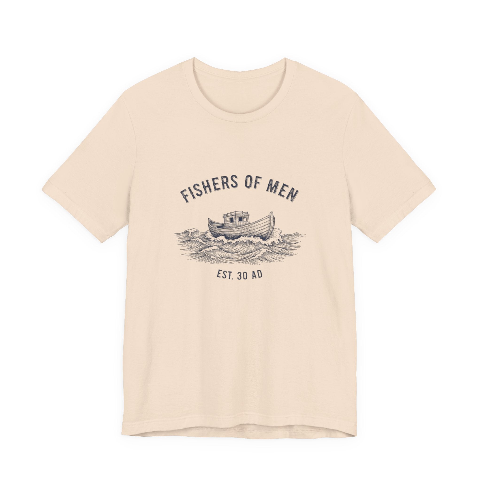 Beige t-shirt with 'Fishers of Men' graphic design on a white background