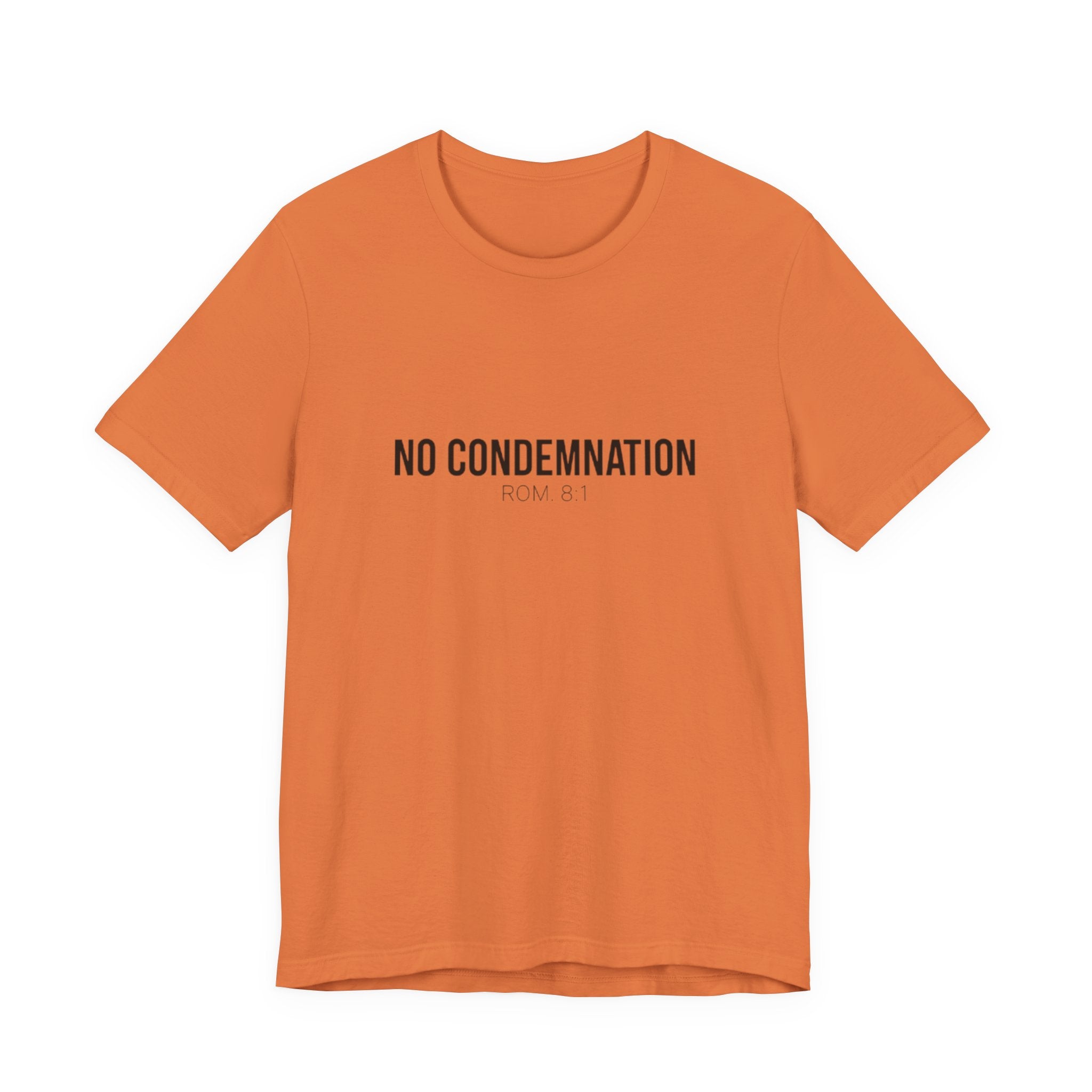 Orange t-shirt with 'NO CONDEMNATION' text on a white background