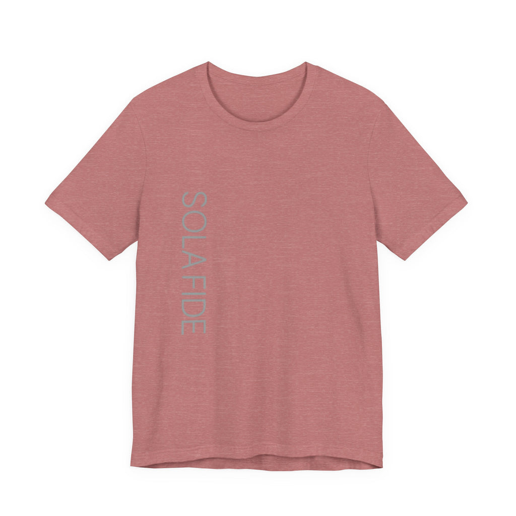 Sola Fide Vertical Logo Tee in Heather Mauve — front view showing Faith Alone Reformation graphic, Ephesians 2:8-9 Christian tee by 4HG