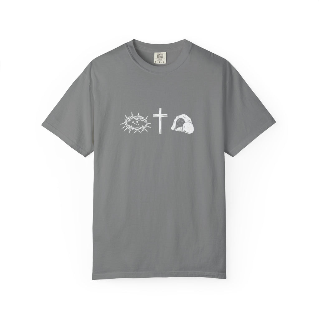 Gray t-shirt with white religious symbols on a white background