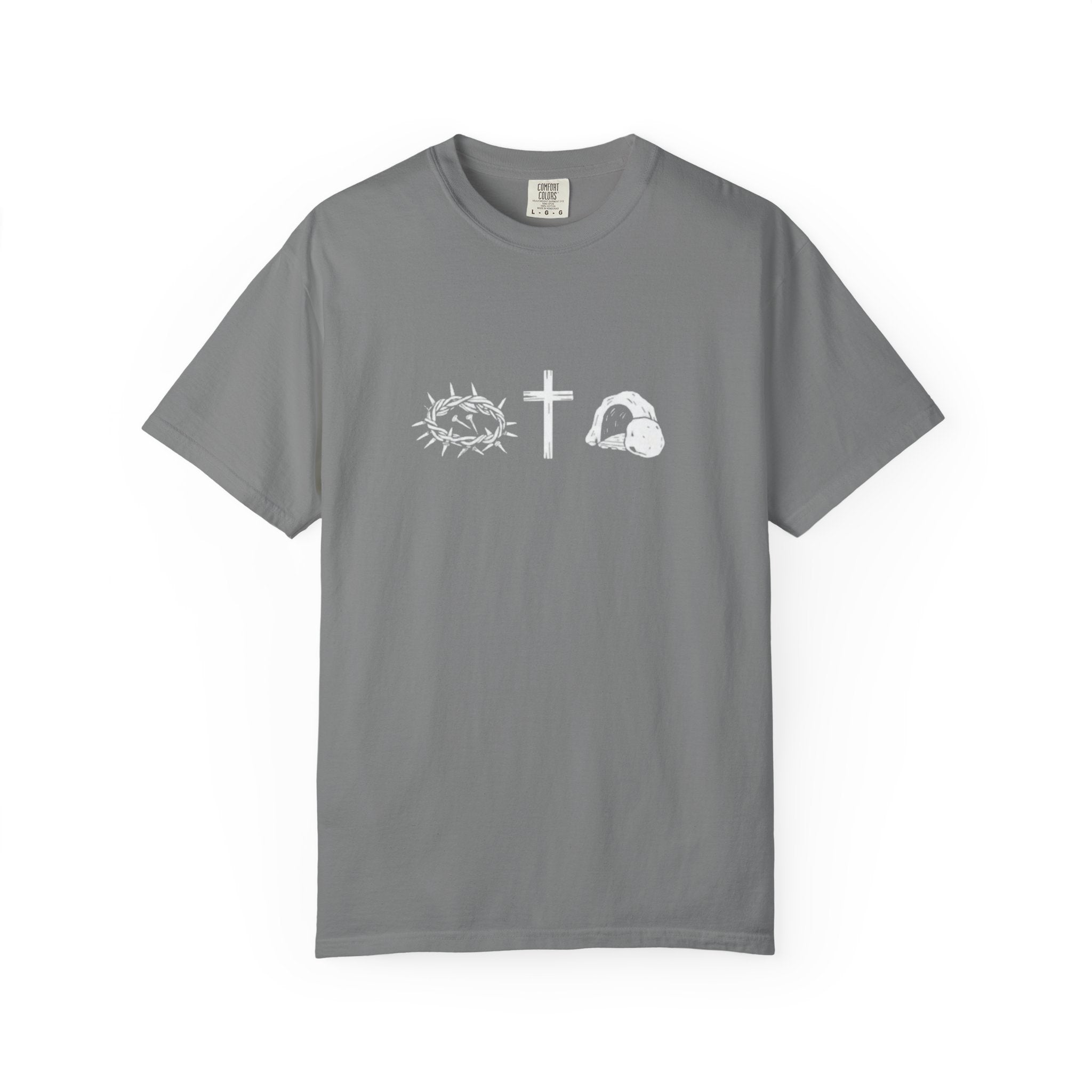 Gray t-shirt with white religious symbols on a white background