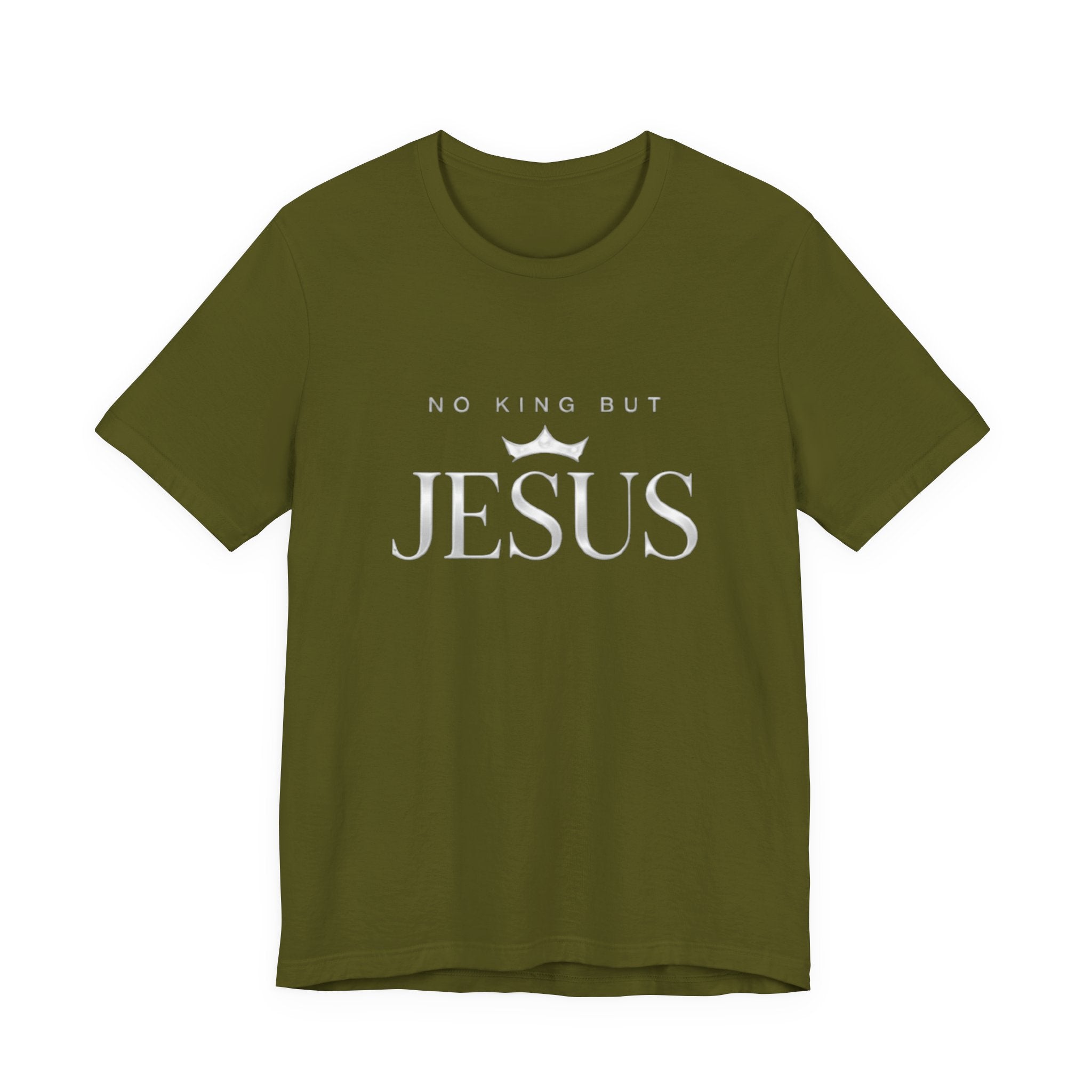 Green t-shirt with 'No King But Jesus' text on a white background