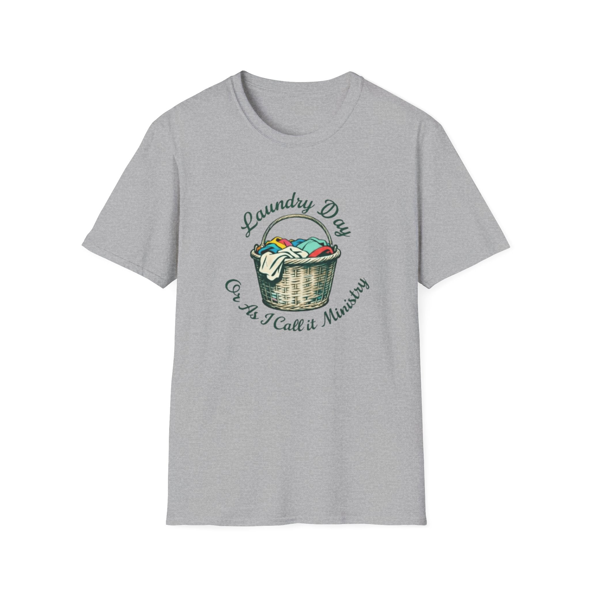 Gray t-shirt with a graphic of a laundry basket and text on a white background