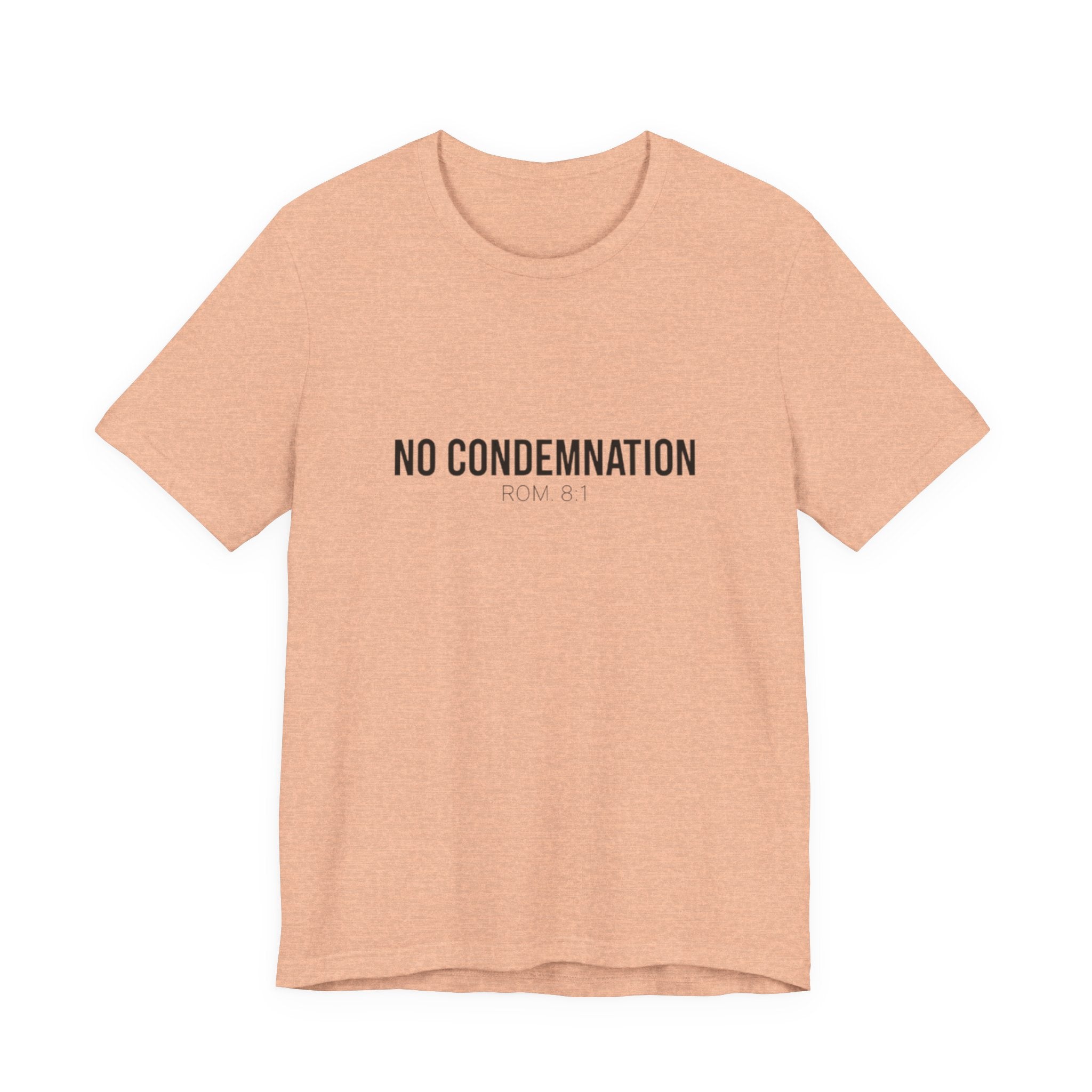 Beige t-shirt with 'NO CONDEMNATION ROM 8:1' text on a white background