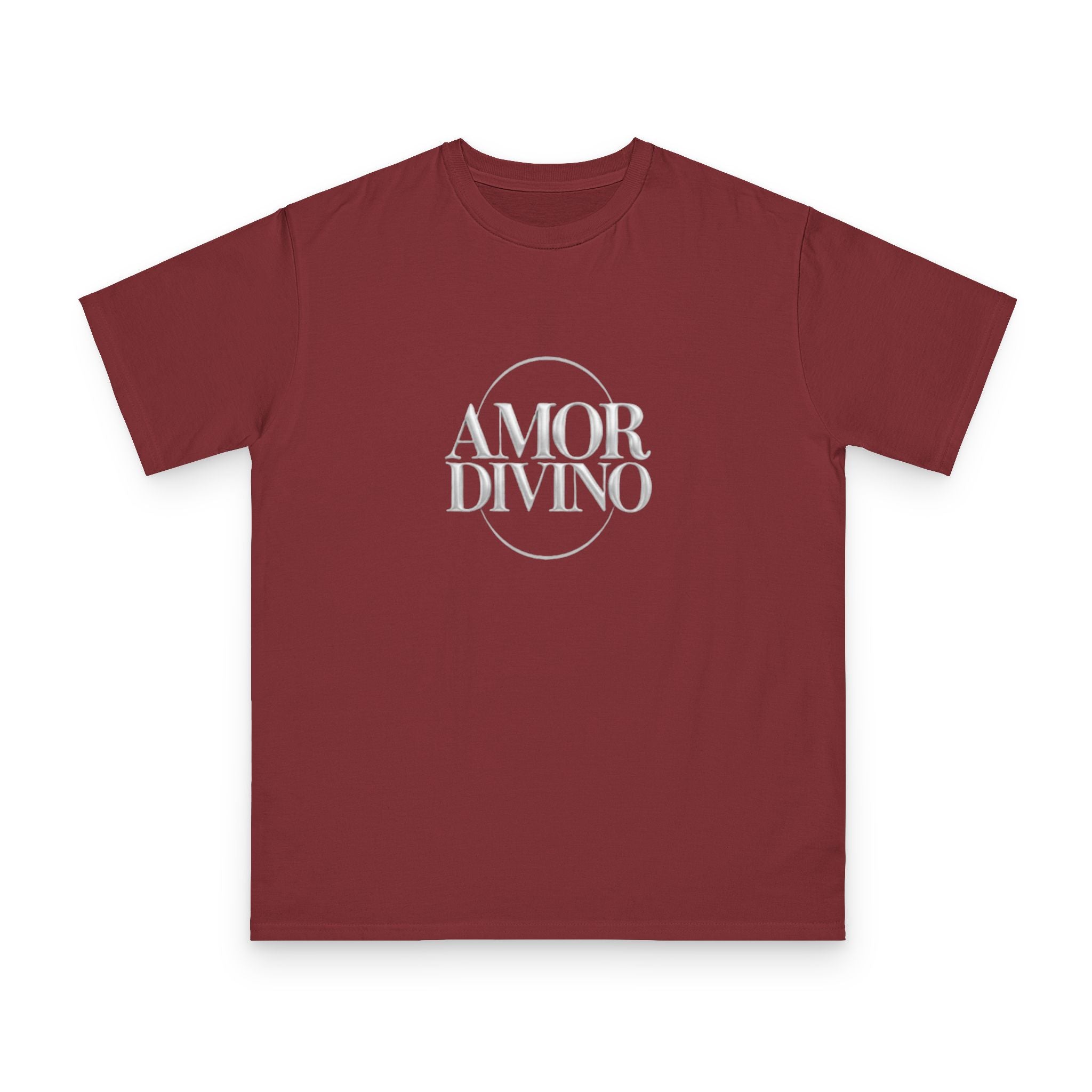 Maroon t-shirt with 'AMOR DIVINO' text on a white background