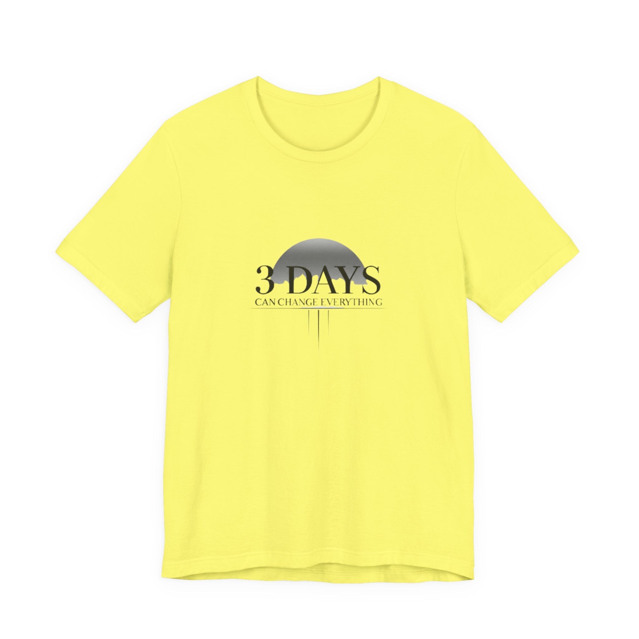 Yellow t-shirt with a black graphic and text on a white background