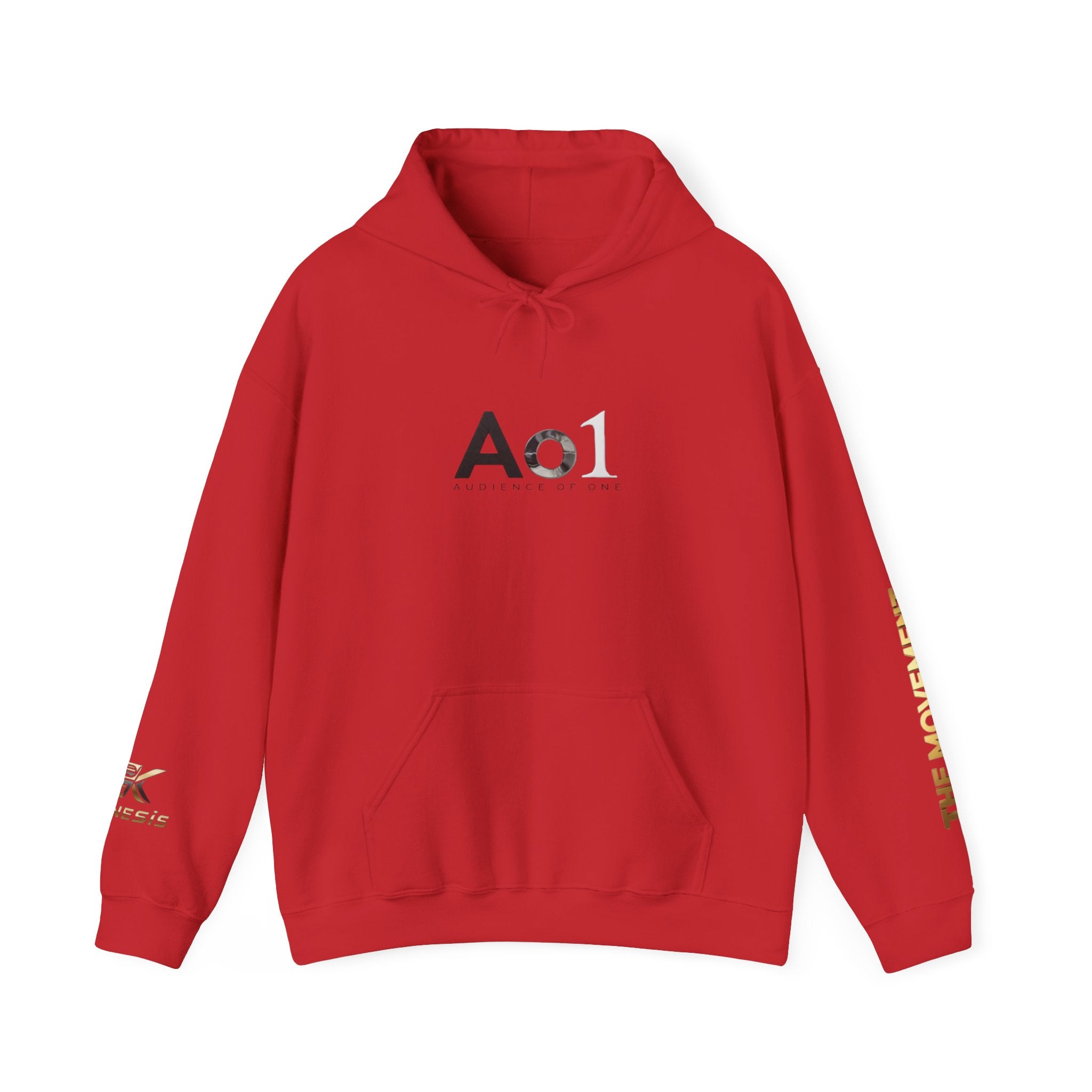 Ao1 Logo Hoodie — Minimalist White Pullover with Gold Sleeve Text