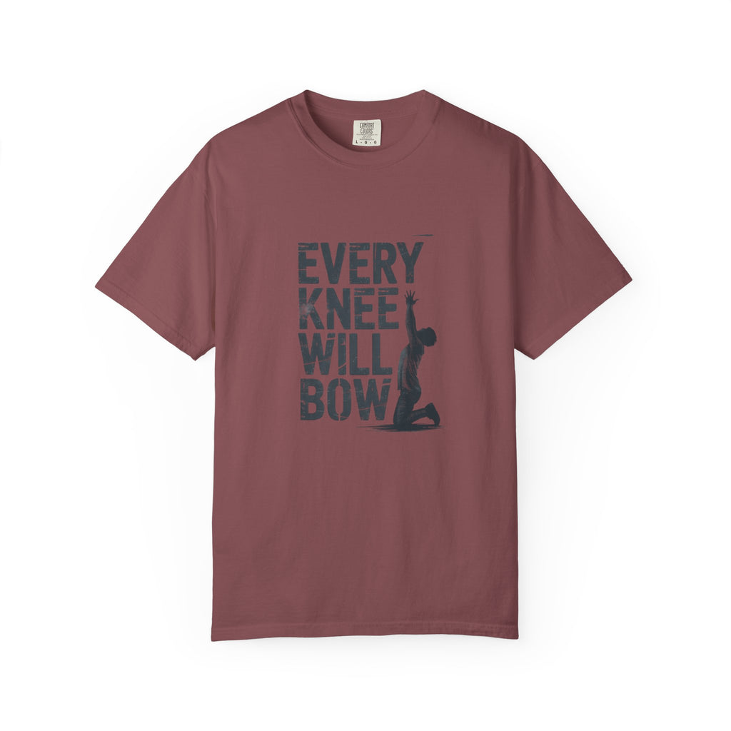 Maroon t-shirt with 'Every Knee Will Bow' graphic on a white background