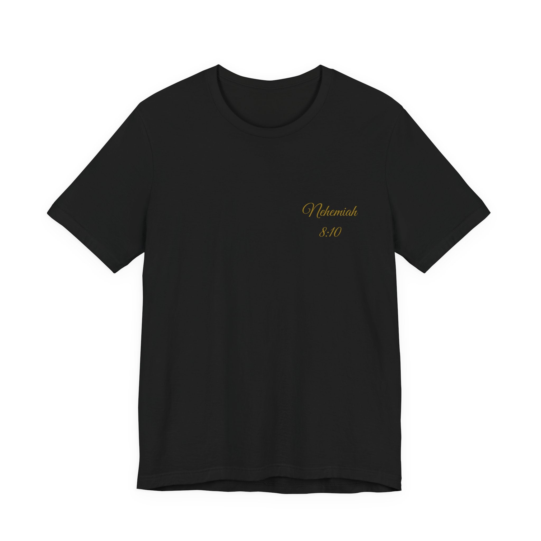 Black t-shirt with gold text on a white background