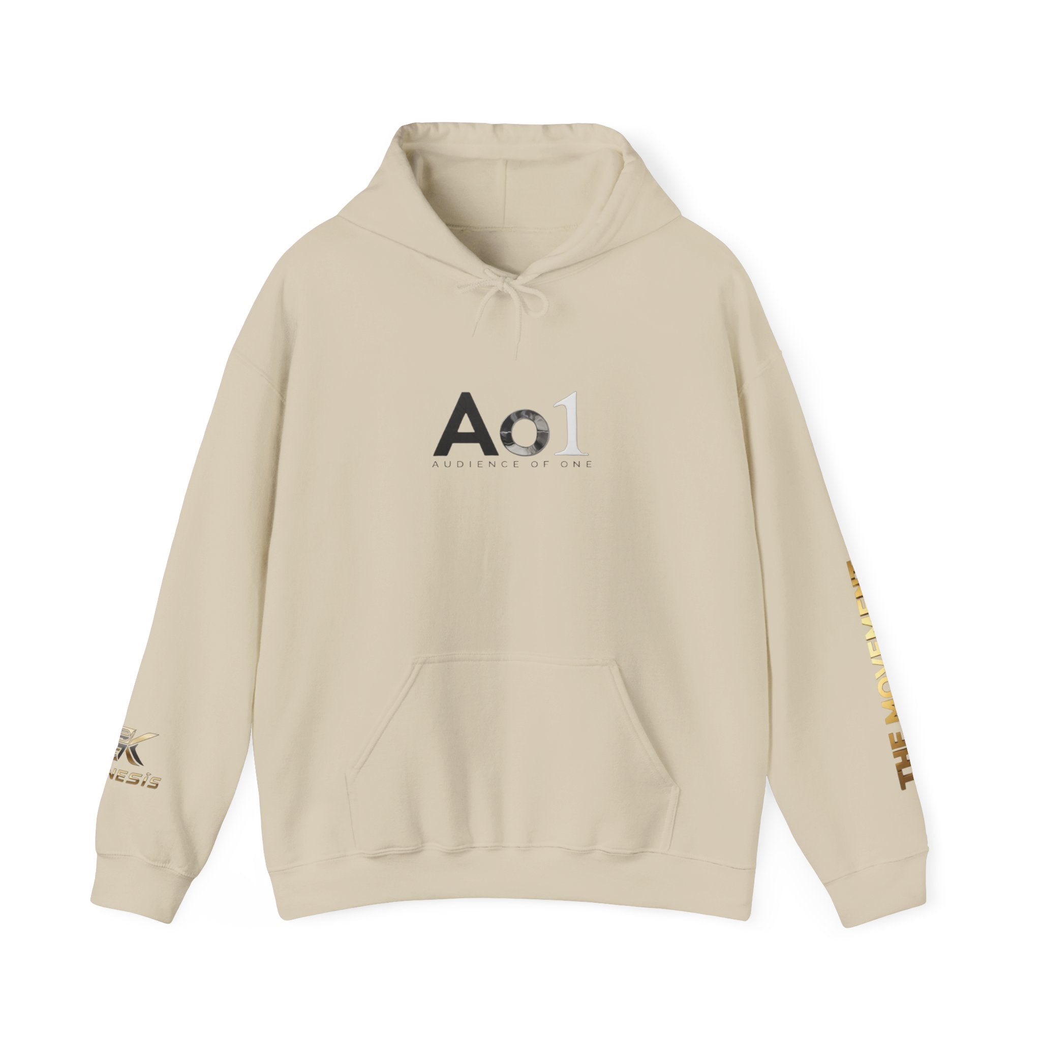 Ao1 Logo Hoodie — Minimalist White Pullover with Gold Sleeve Text