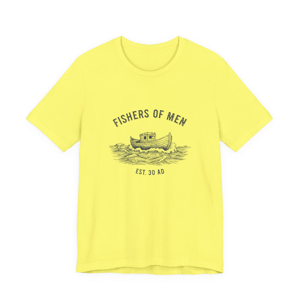 Yellow t-shirt with 'Fishers of Men' graphic design on a white background