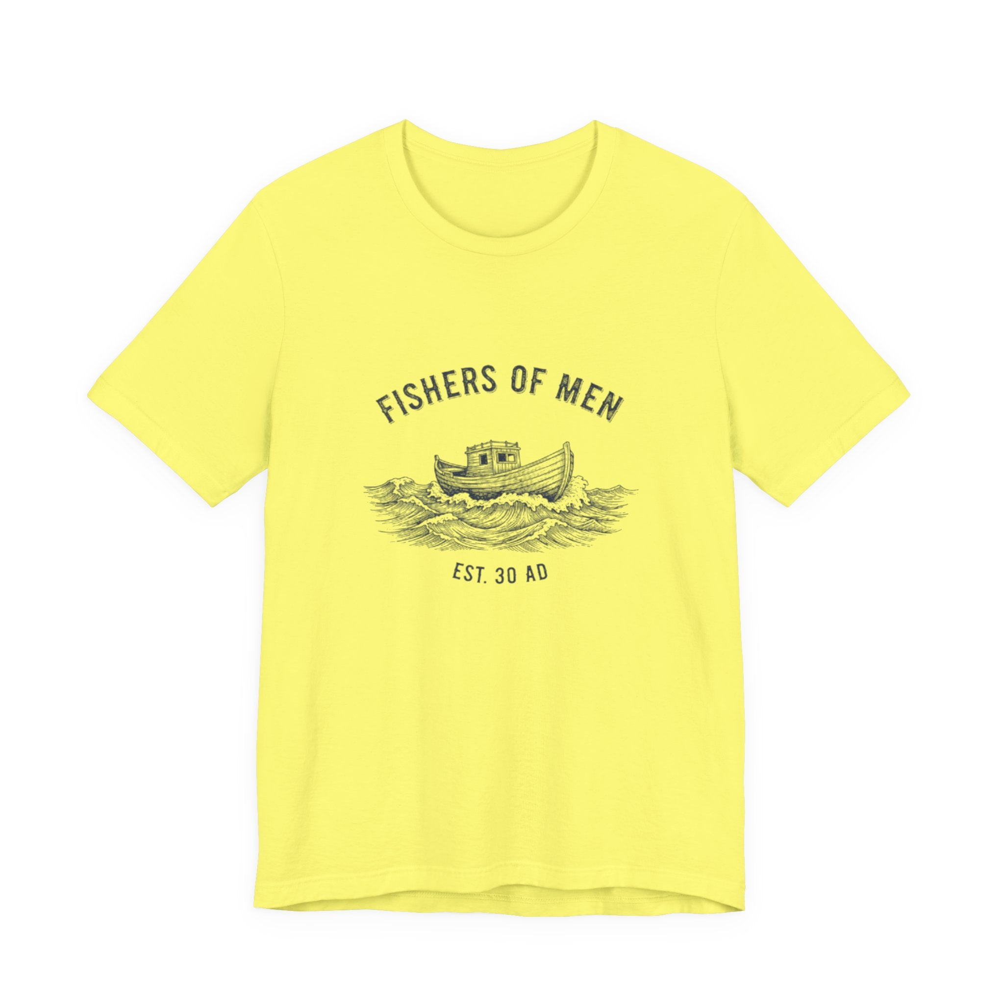 Yellow t-shirt with 'Fishers of Men' graphic design on a white background