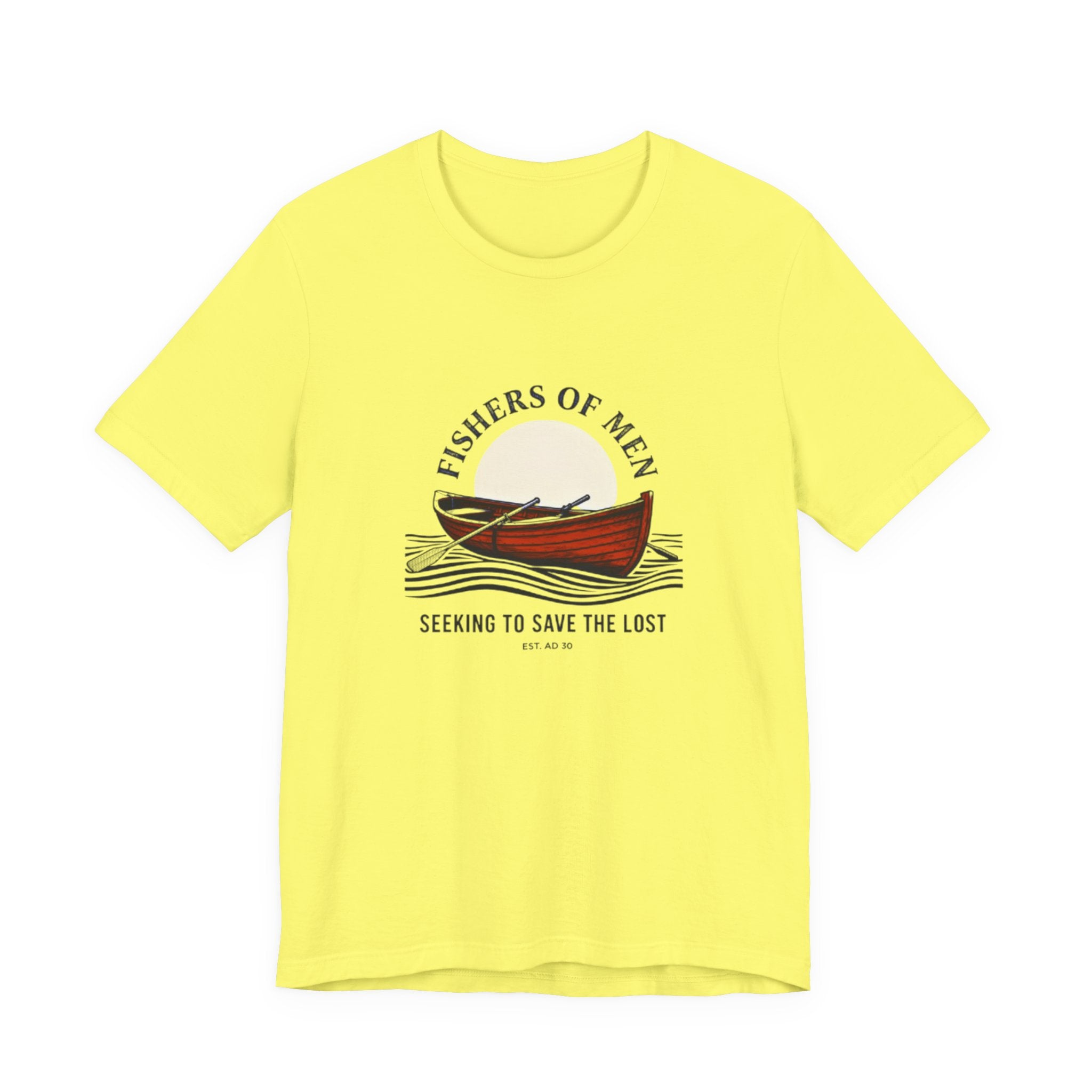 Yellow t-shirt with a graphic of a canoe and text on a white background