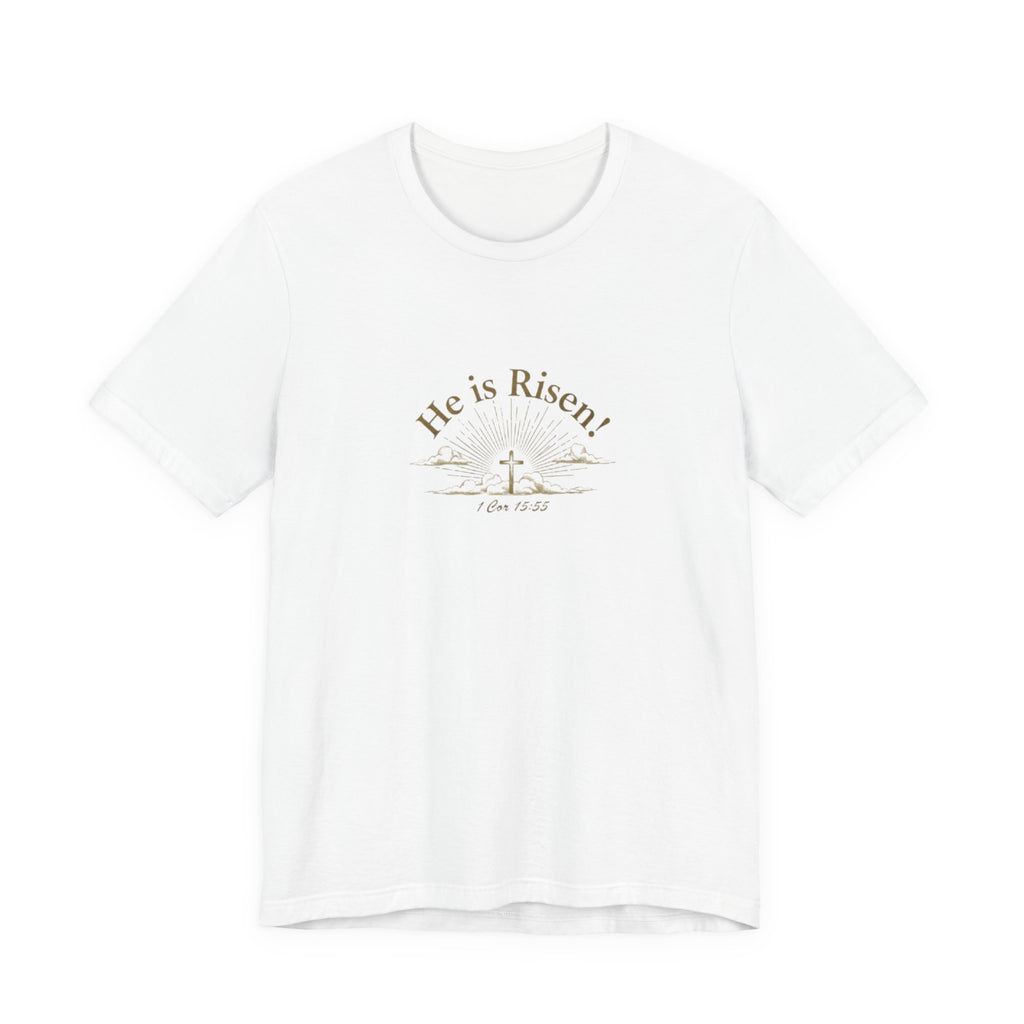 White t-shirt with 'He is Risen!' text and cross design on a white background