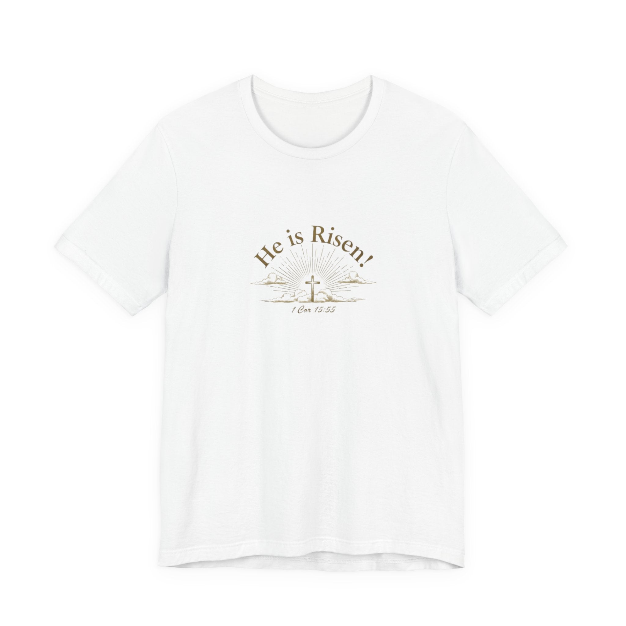 White t-shirt with 'He is Risen!' text and cross design on a white background