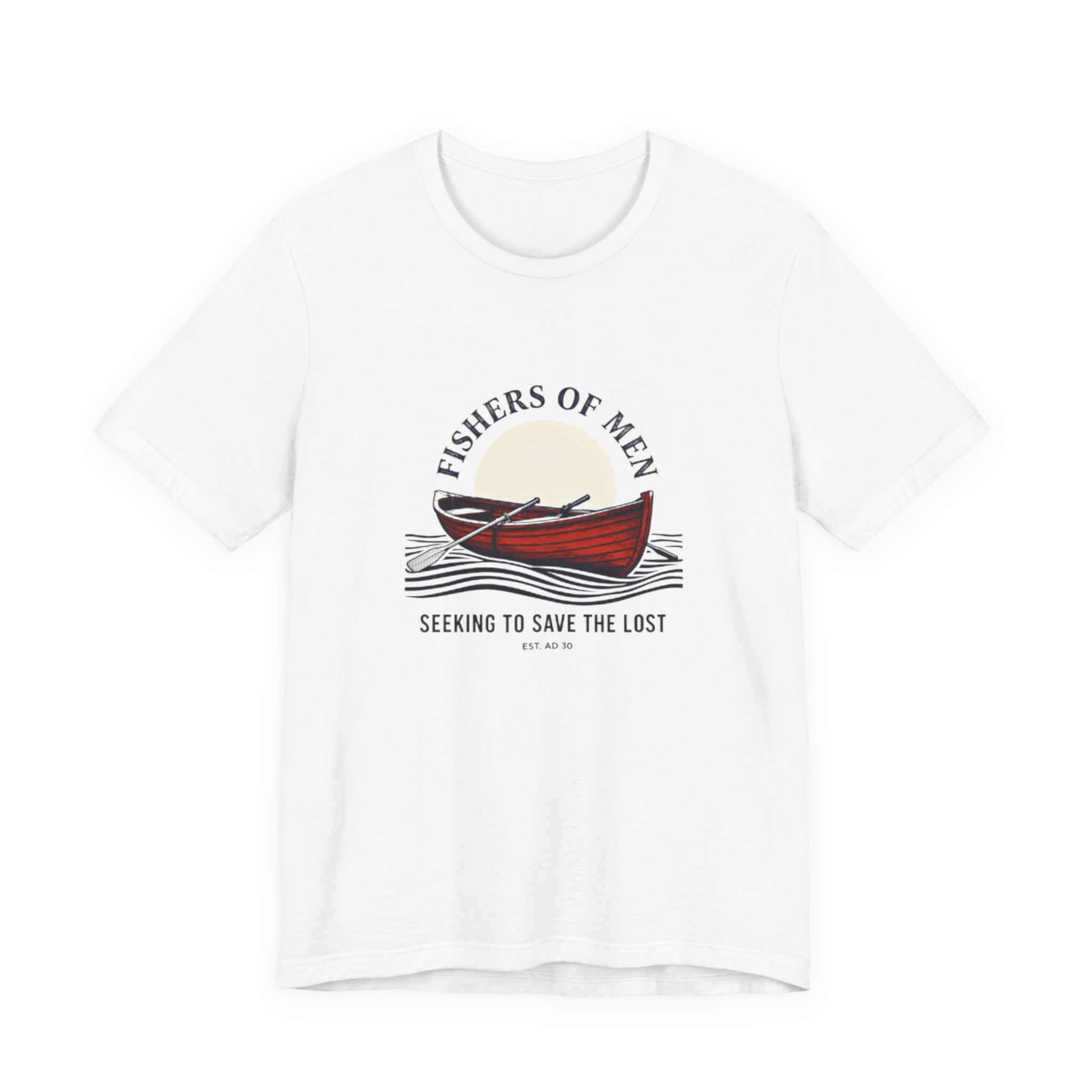 White t-shirt with a graphic design of a red canoe and text on a white background