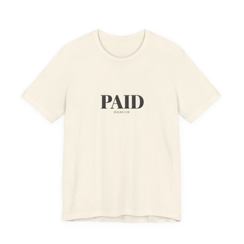 Beige t-shirt with 'PAID' text on a white background