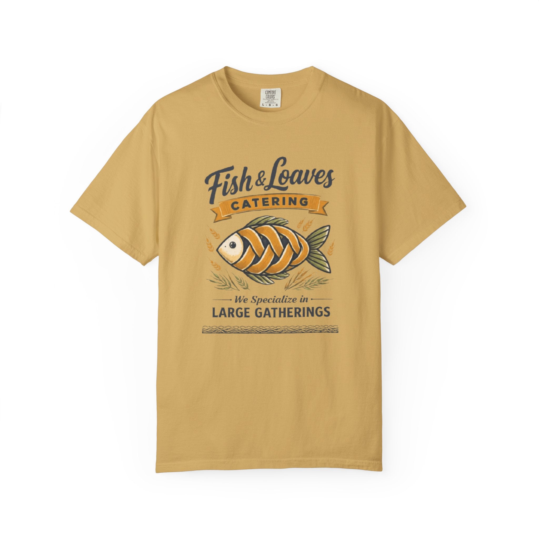 Fish & Loaves Catering T-Shirt — "We Specialize in Large Gatherings" Vintage Fish Design