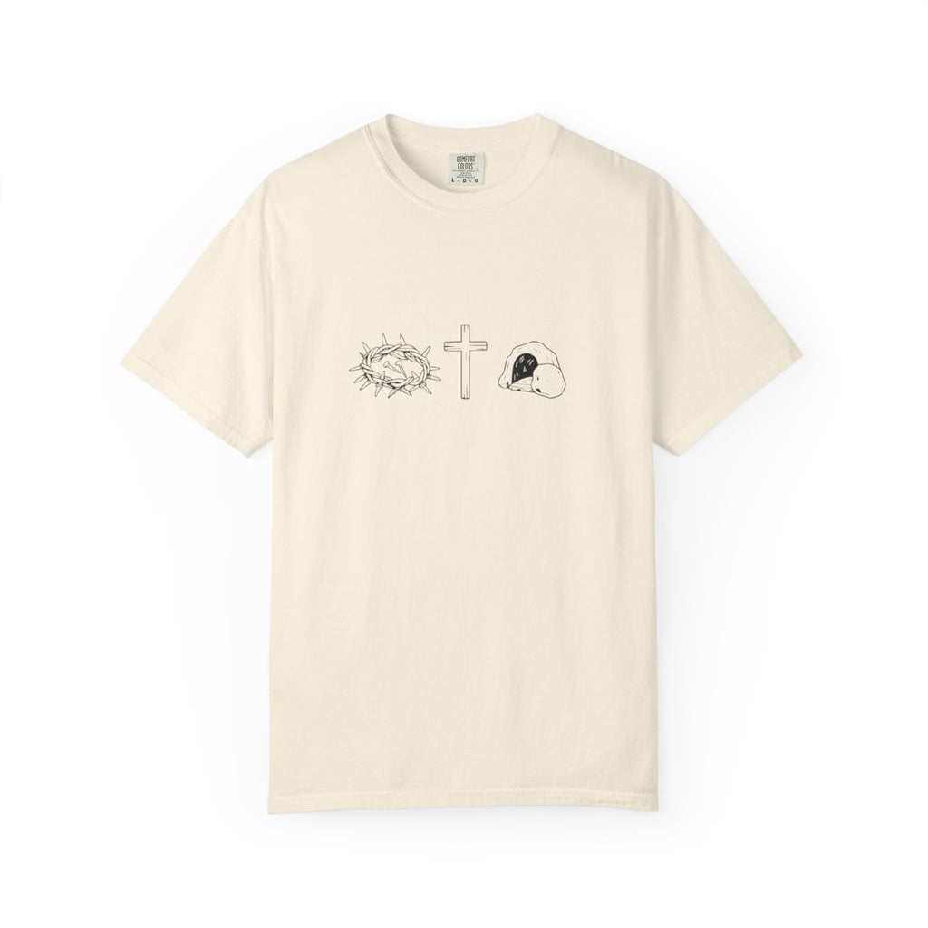 Beige t-shirt with graphic designs on a white background